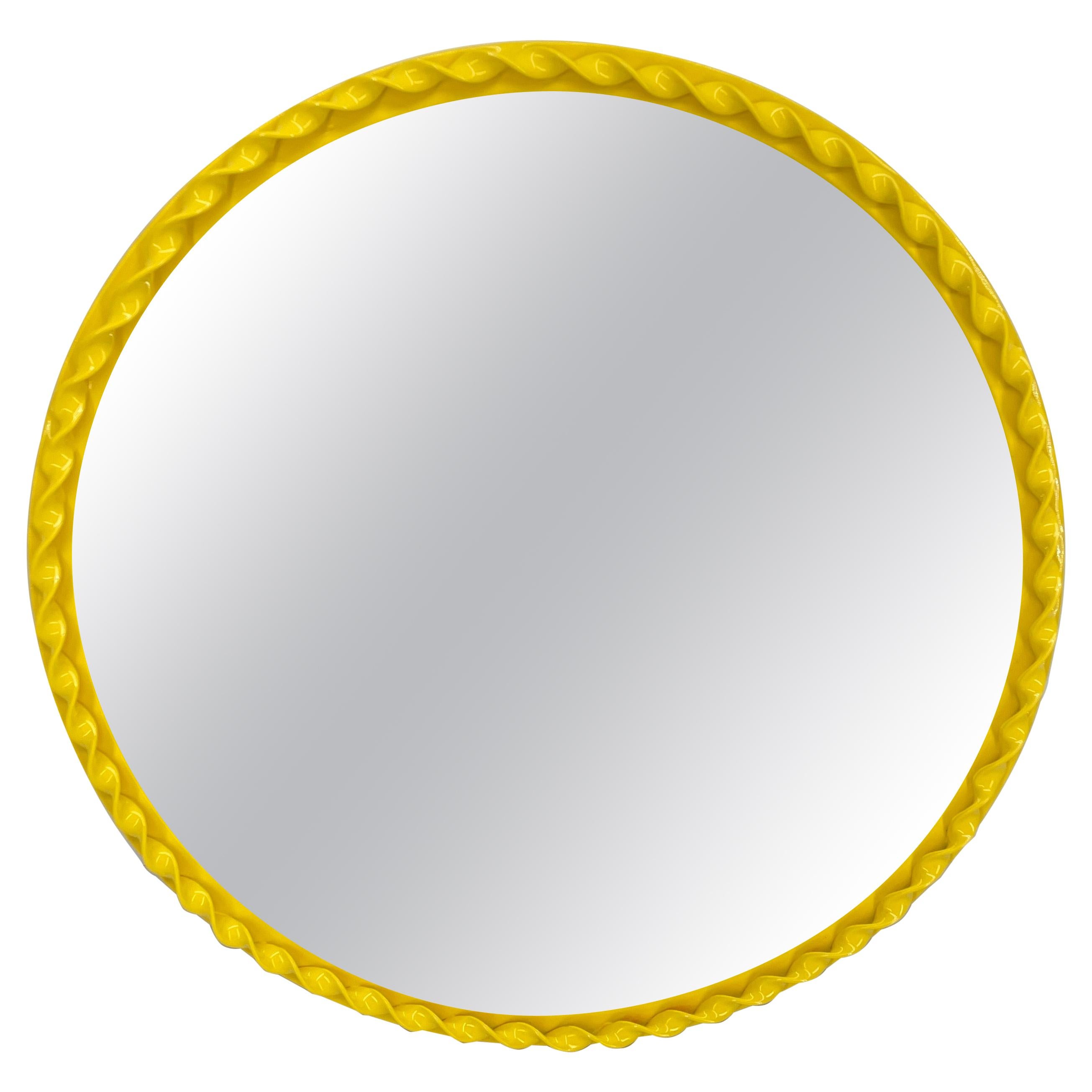 Small Round Mid-Century Modern Bright Yellow Wall Mirror, Newly Powder-Coated