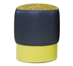 Small Round Ottoman with Navy Vinyl Citrine Tiger Flange Yellow Lacquered Base