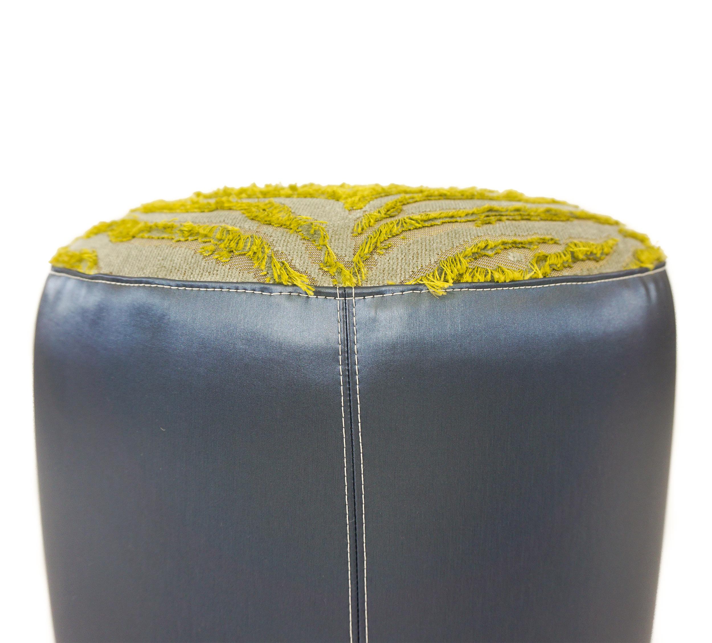 Modern Small Round Ottoman with Navy Vinyl Citrine Tiger Flange Yellow Lacquered Base For Sale