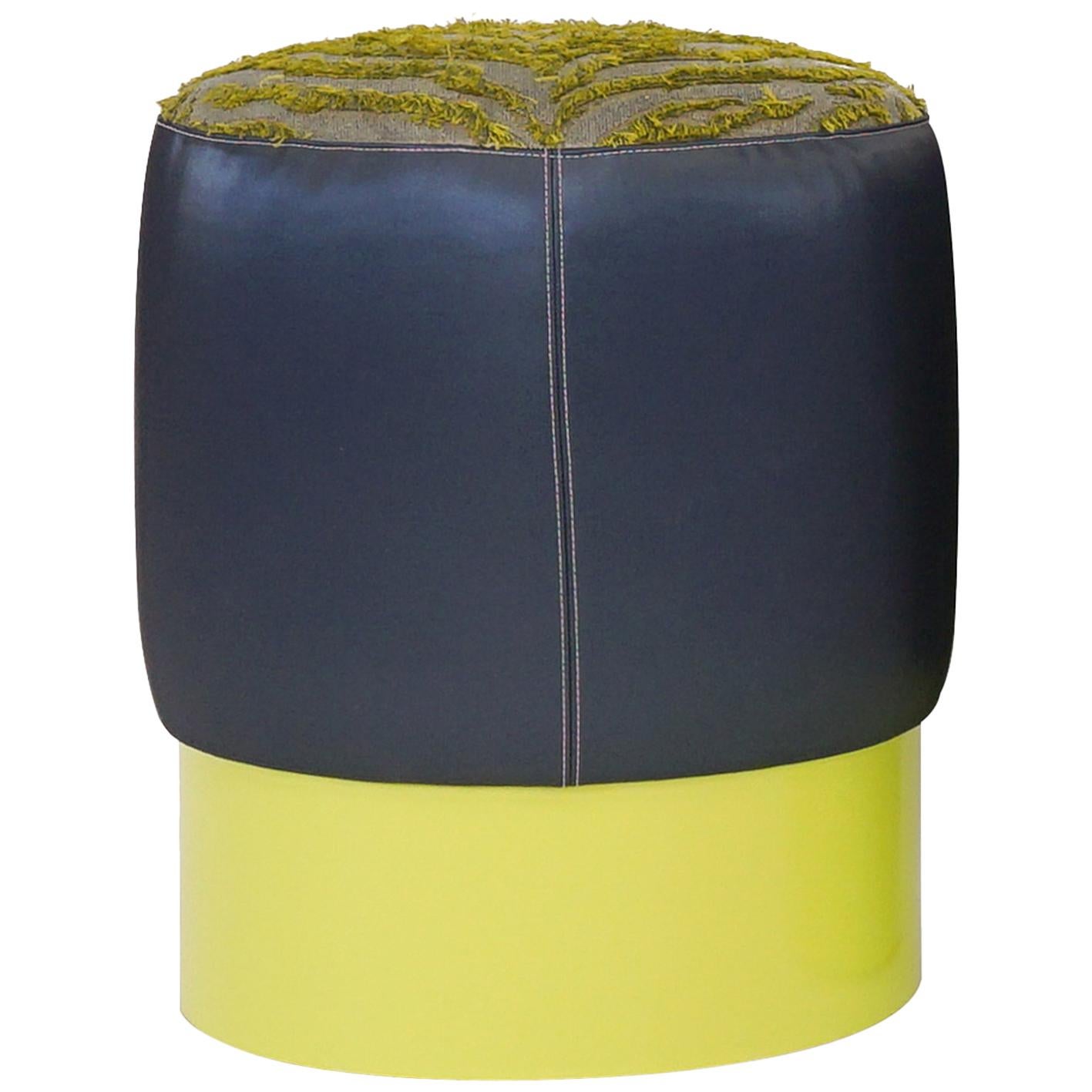 Small Round Ottoman with Navy Vinyl Citrine Tiger Flange Yellow Lacquered Base For Sale
