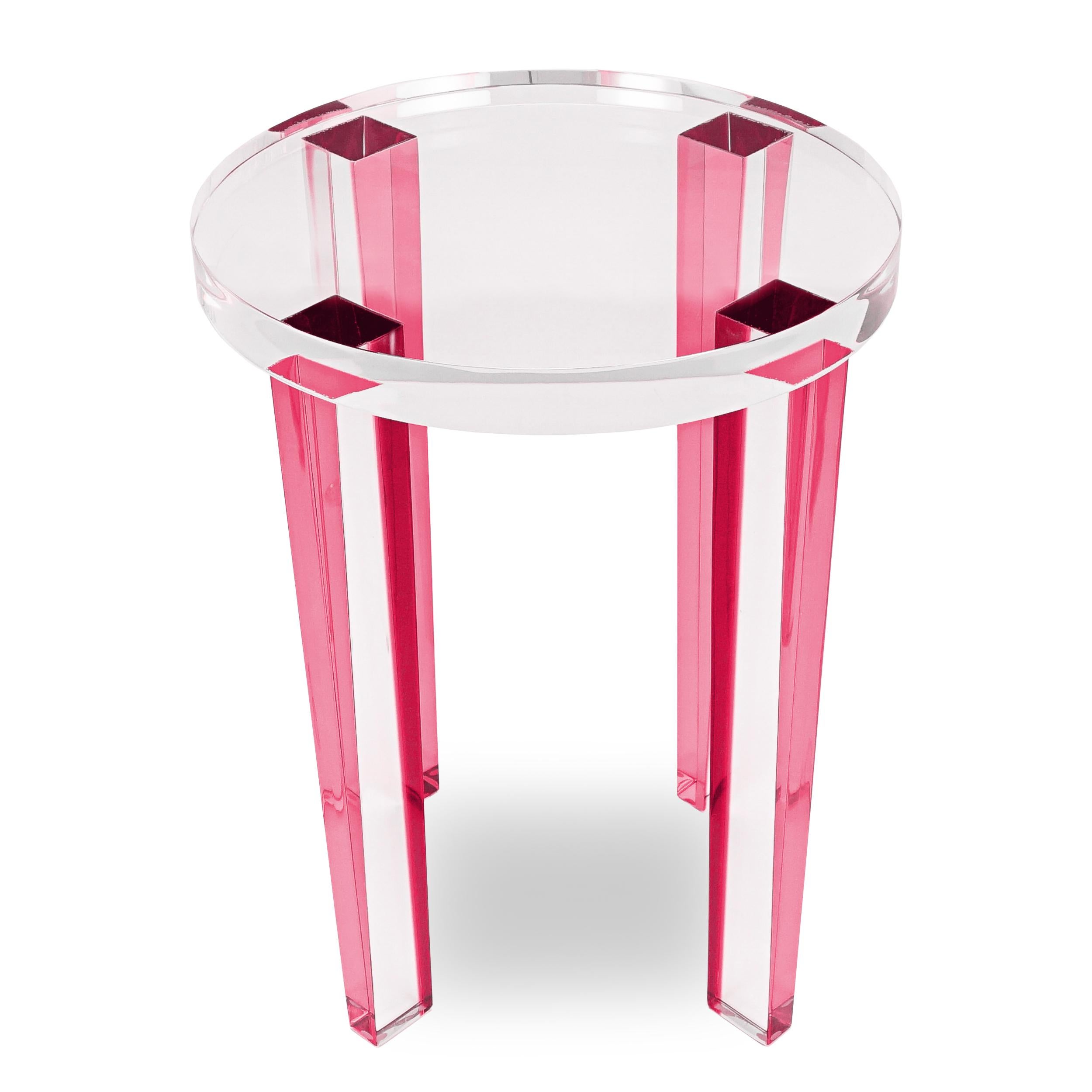 Modern Small Round Pink / Berry Lucite Side Table For Sale