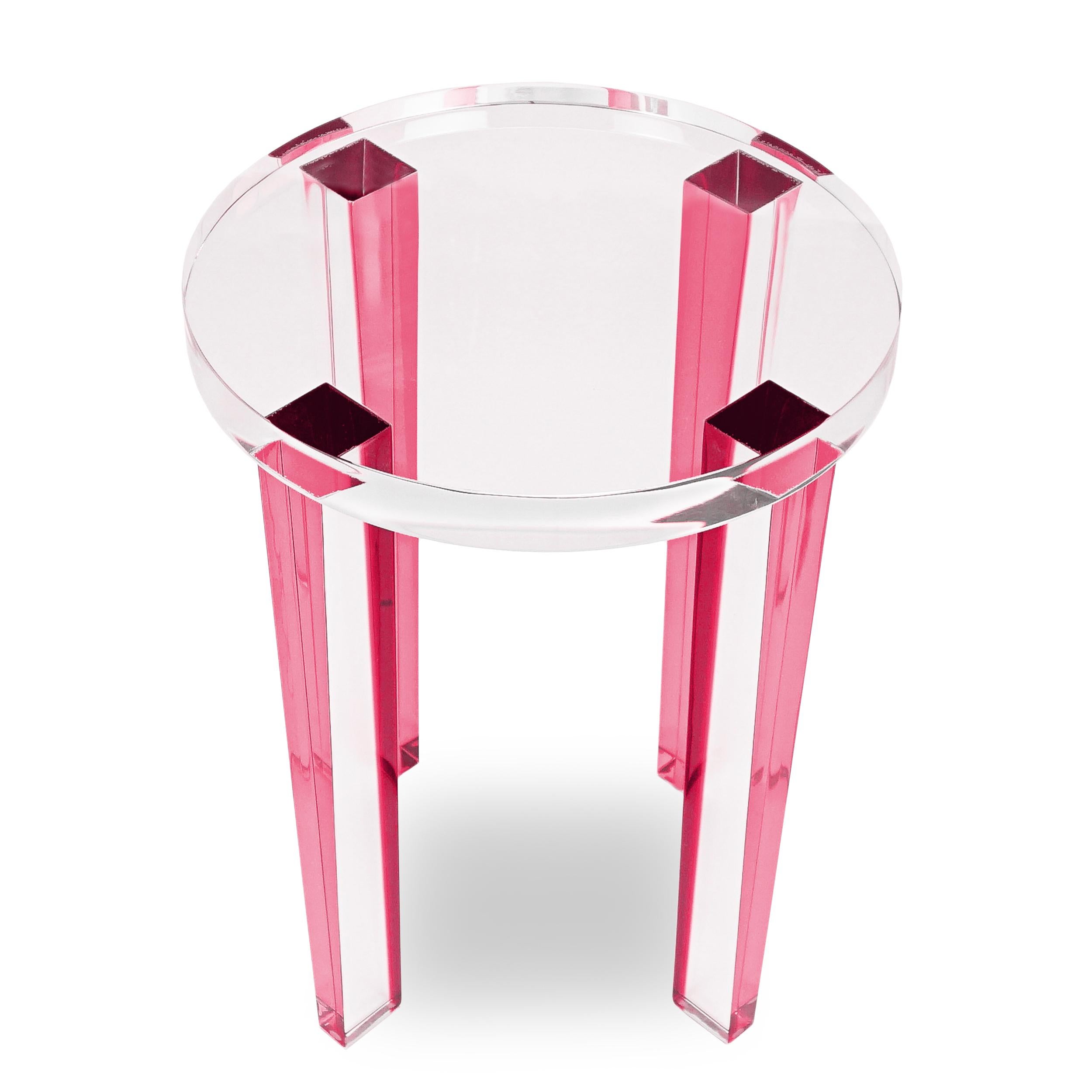 American Small Round Pink / Berry Lucite Side Table For Sale