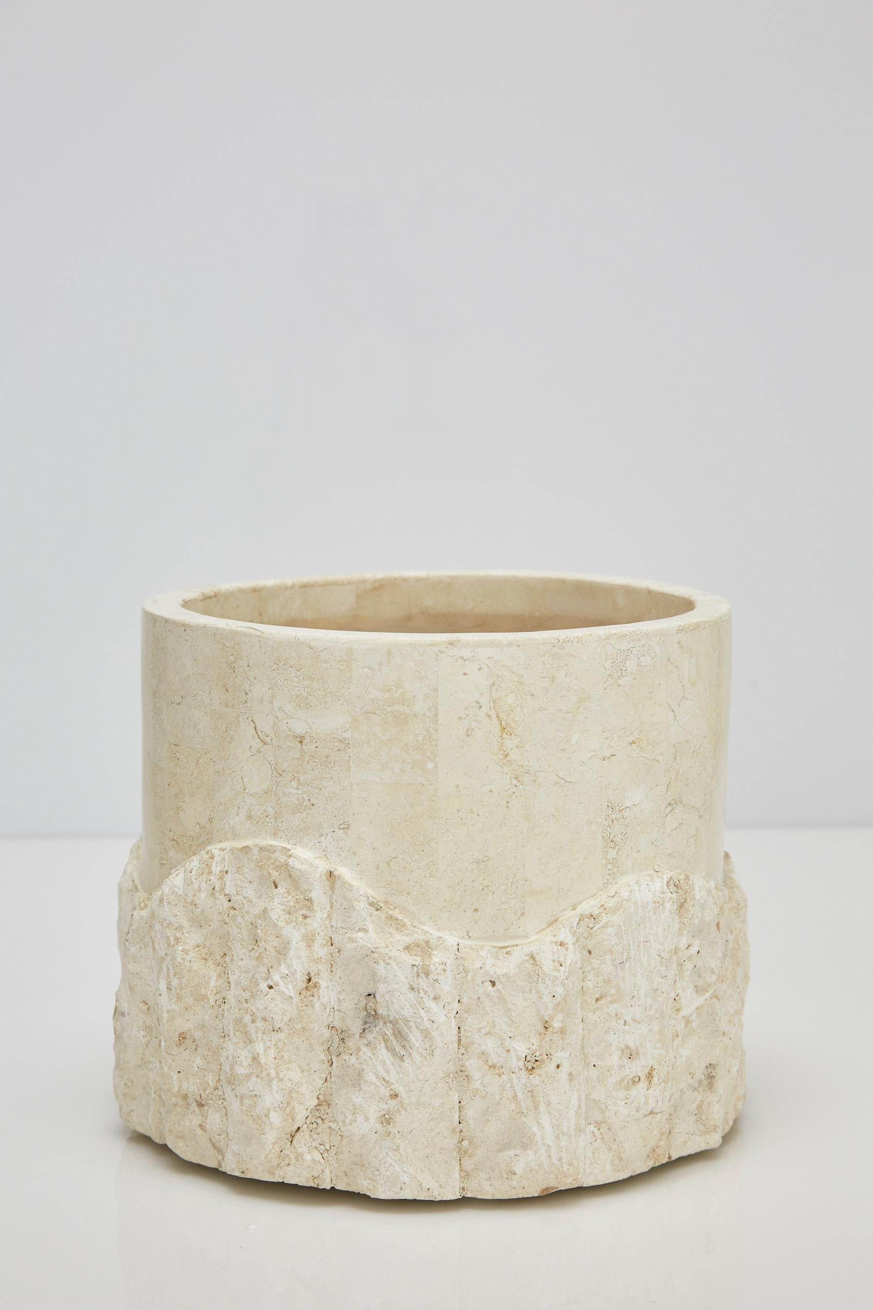 Post-Modern Small Round Postmodern Tessellated Stone Rough and Smooth Planter, 1990s For Sale