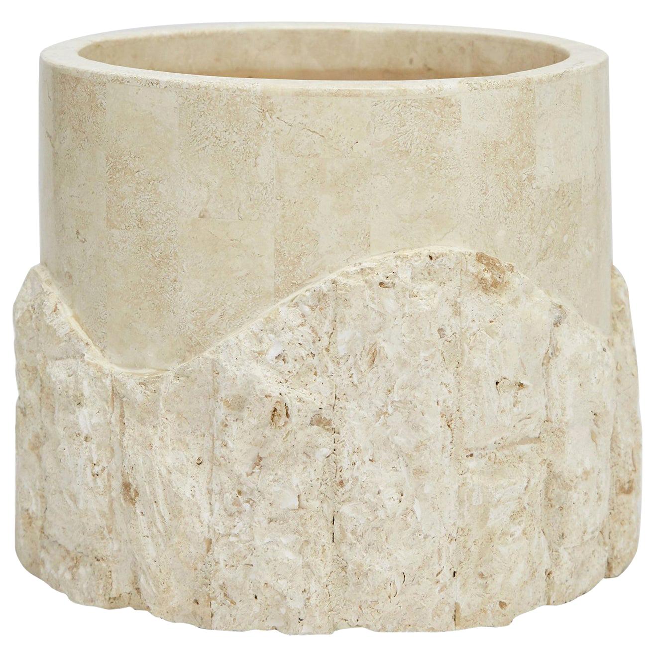 Small Round Postmodern Tessellated Stone Rough and Smooth Planter, 1990s For Sale