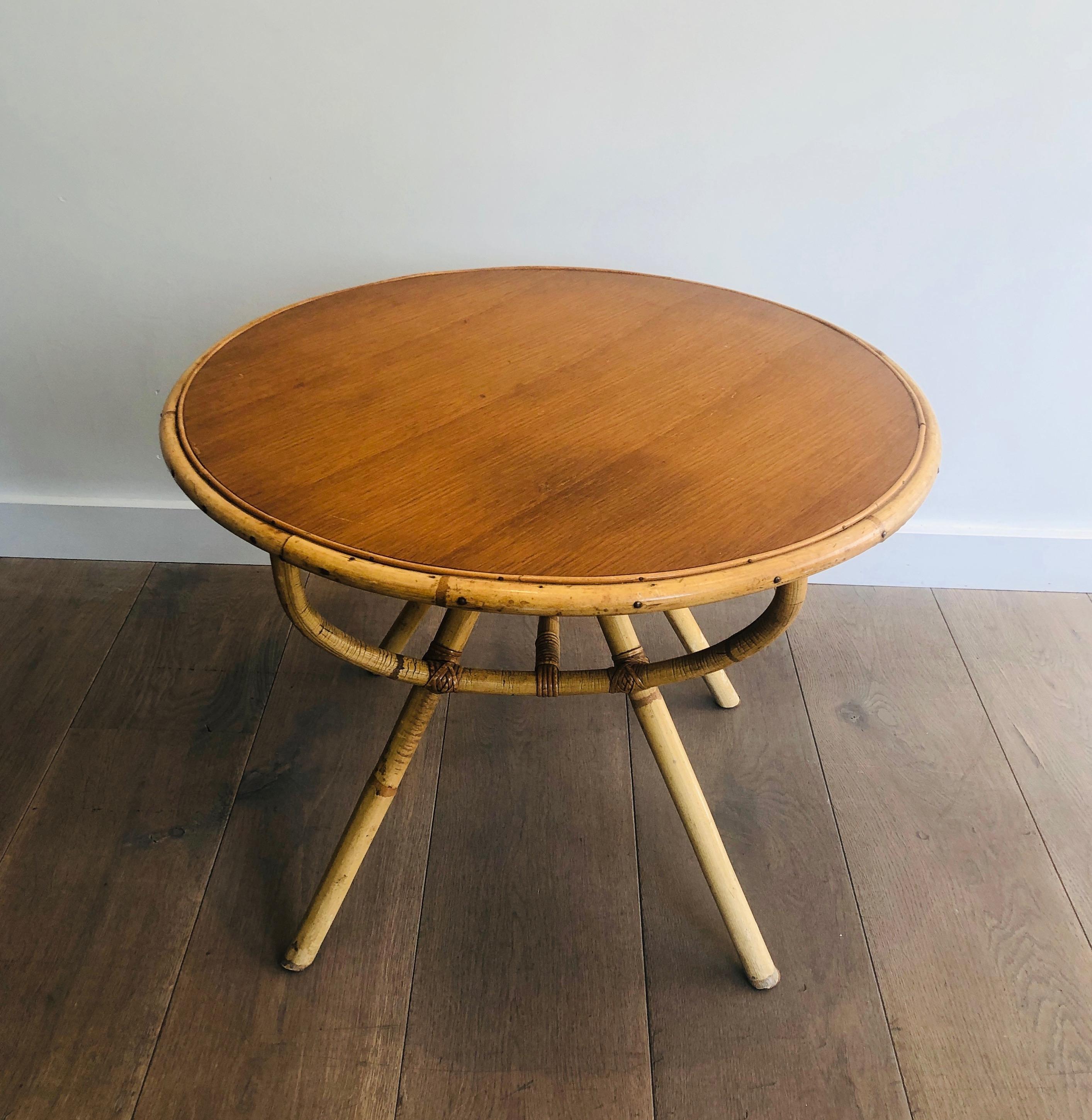 Small Round Rattan Coffee Table with Wooden Top, French, circa 1970 8