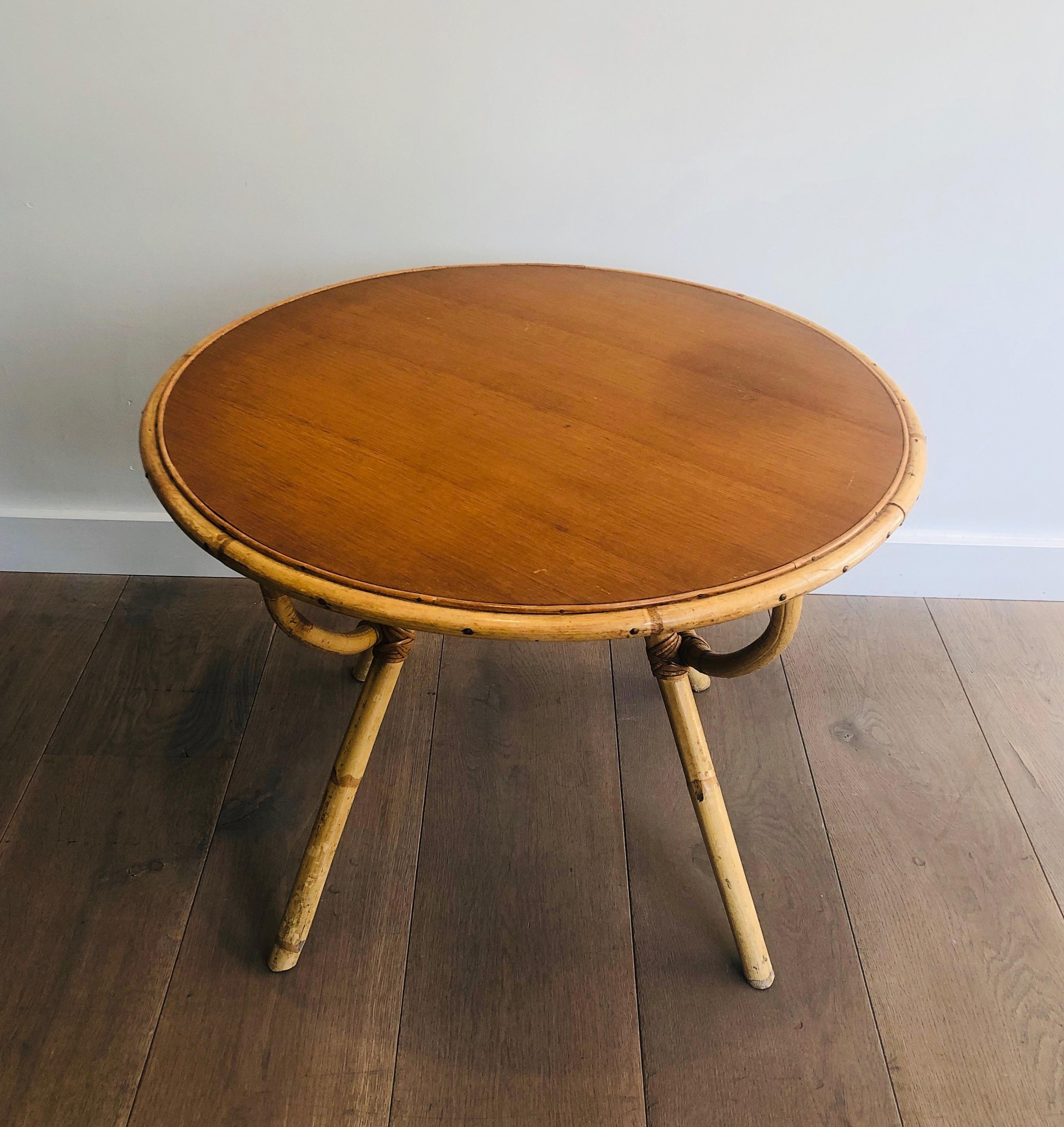 Small Round Rattan Coffee Table with Wooden Top, French, circa 1970 9