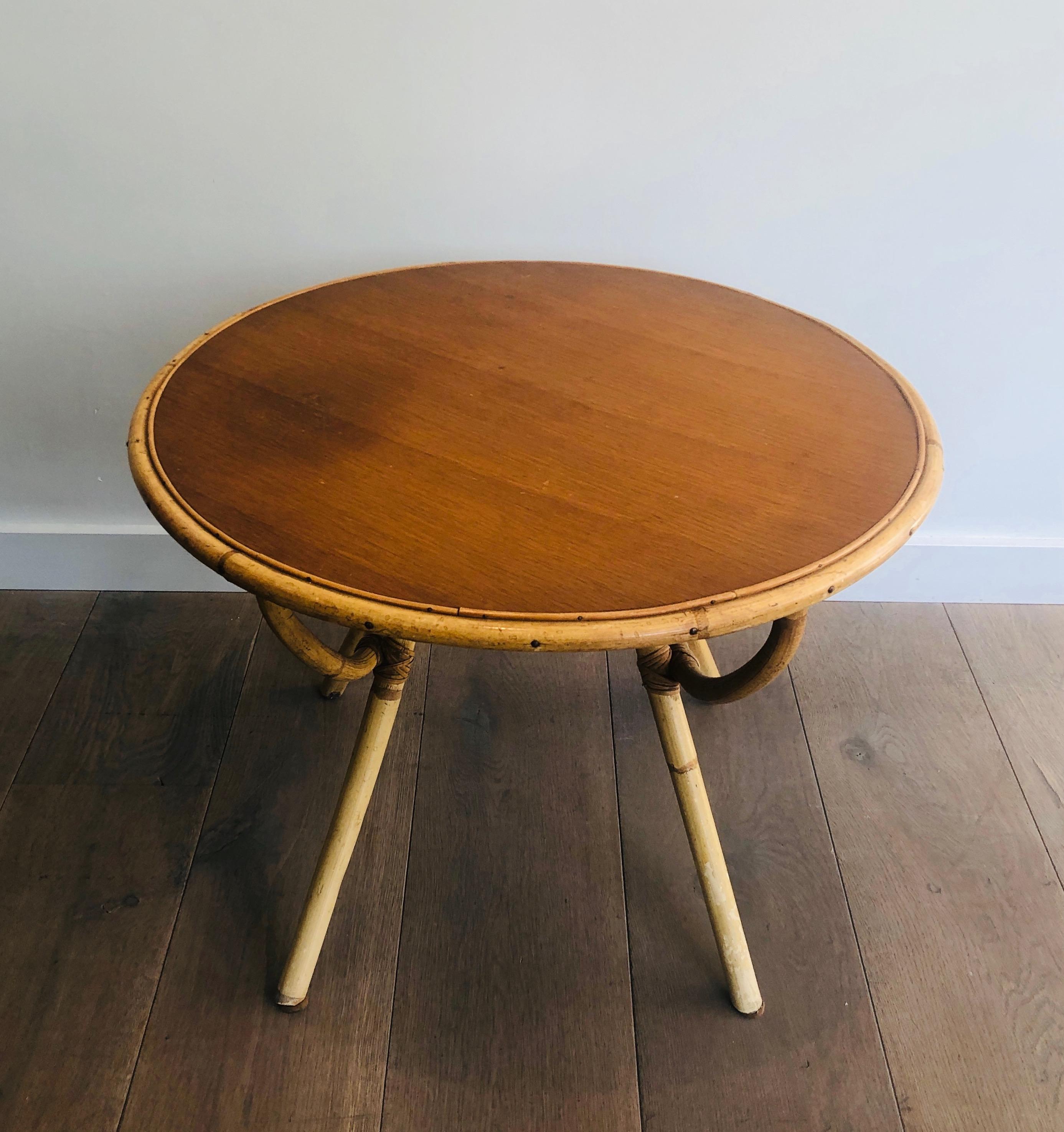 Small Round Rattan Coffee Table with Wooden Top, French, circa 1970 10