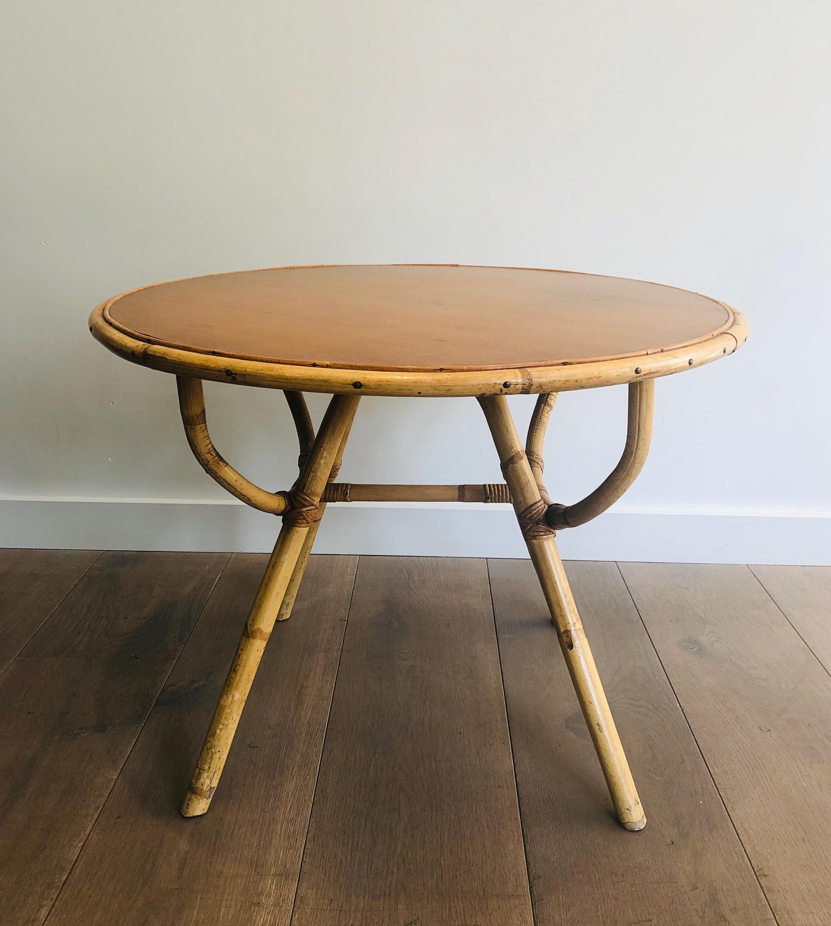 Mid-Century Modern Small Round Rattan Coffee Table with Wooden Top, French, circa 1970