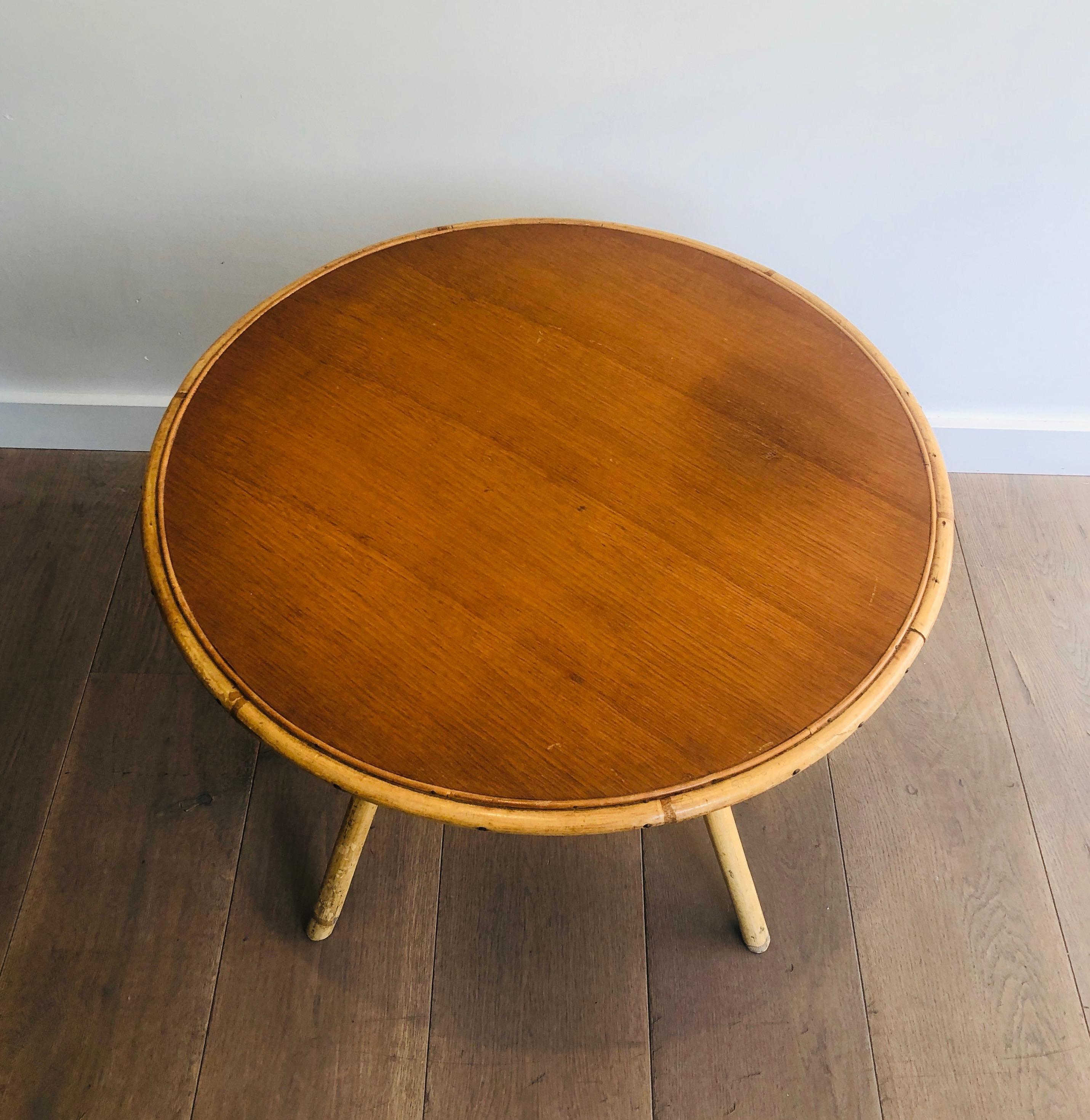 Late 20th Century Small Round Rattan Coffee Table with Wooden Top, French, circa 1970