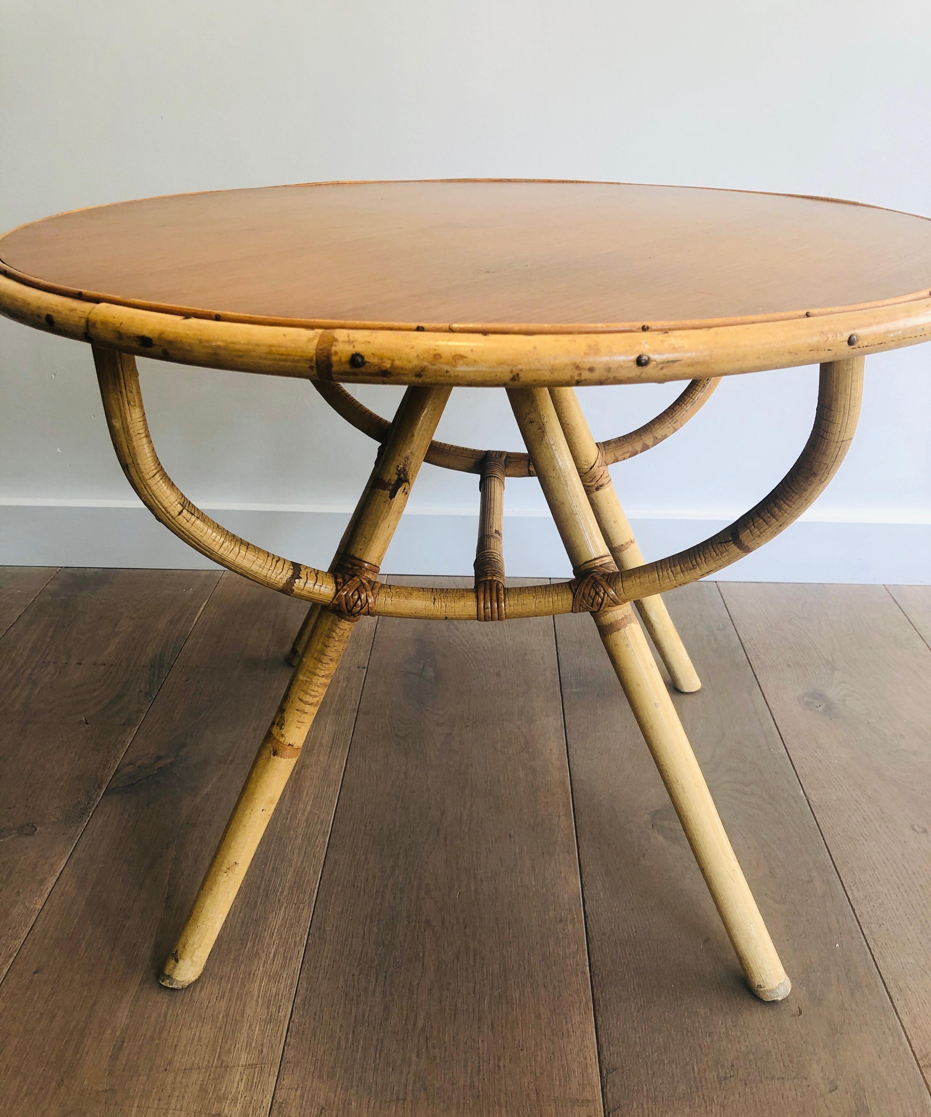 Small Round Rattan Coffee Table with Wooden Top, French, circa 1970 1