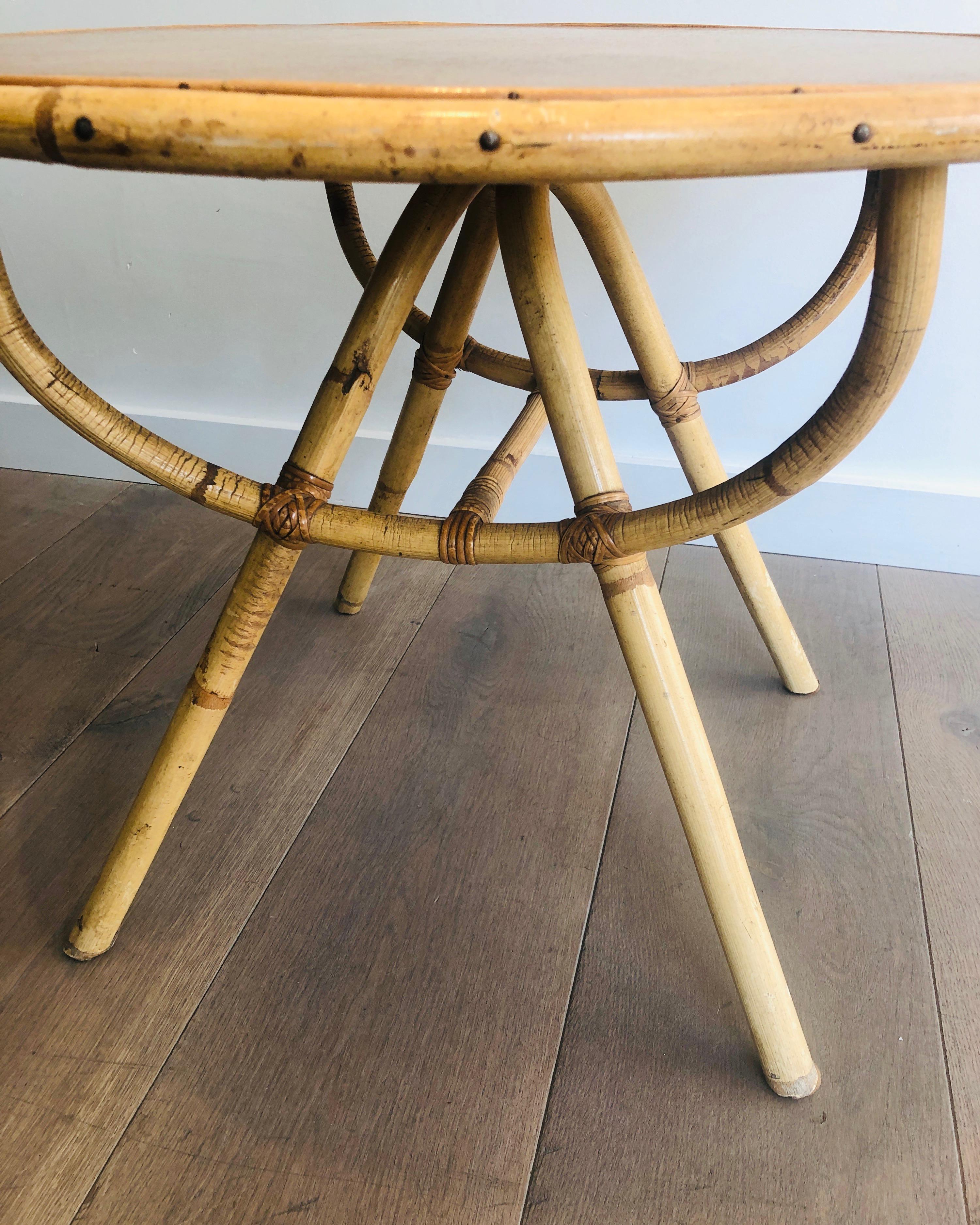 Small Round Rattan Coffee Table with Wooden Top, French, circa 1970 2