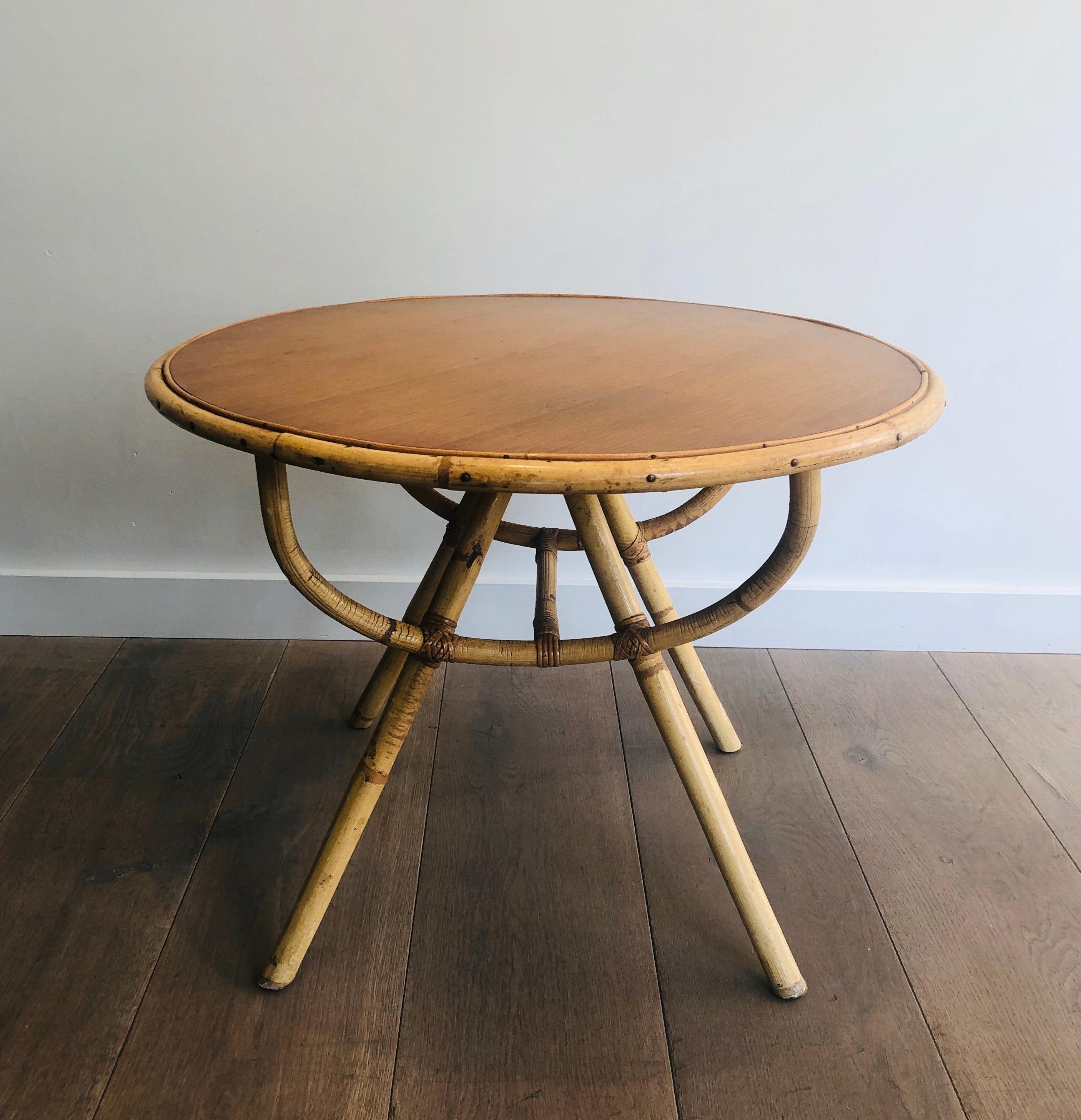 Small Round Rattan Coffee Table with Wooden Top, French, circa 1970 4