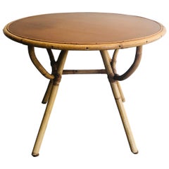 Small Round Rattan Coffee Table with Wooden Top, French, circa 1970