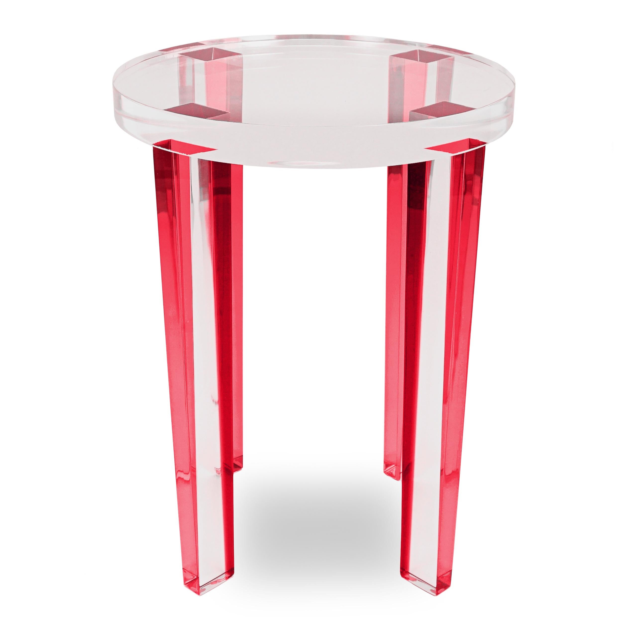 This round lucite side table has been built with red colored Lucite legs and a clear Lucite top. This little side table will reflect light and create a big impact.

Overall: 15”Dia. x 19”H

Price As Shown: $1,850 each

2023 - Available Right Now
