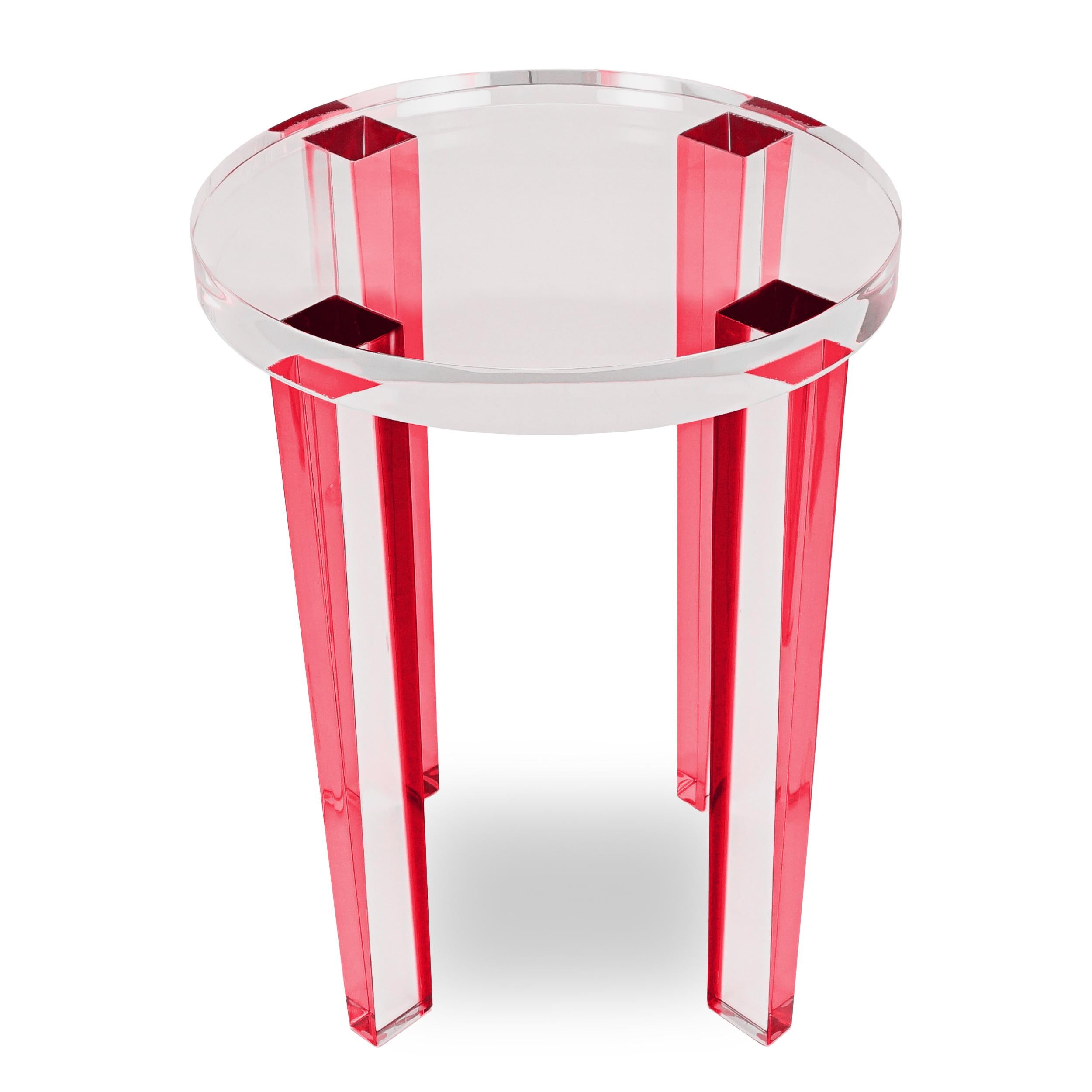 Modern Small Round Red Lucite Four-Leg Side Table For Sale