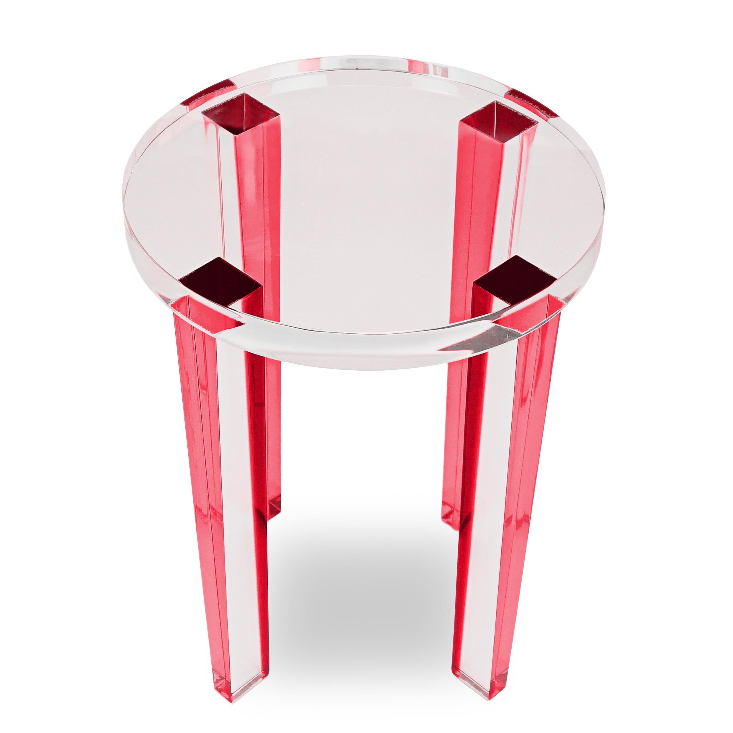 American Small Round Red Lucite Four-Leg Side Table For Sale