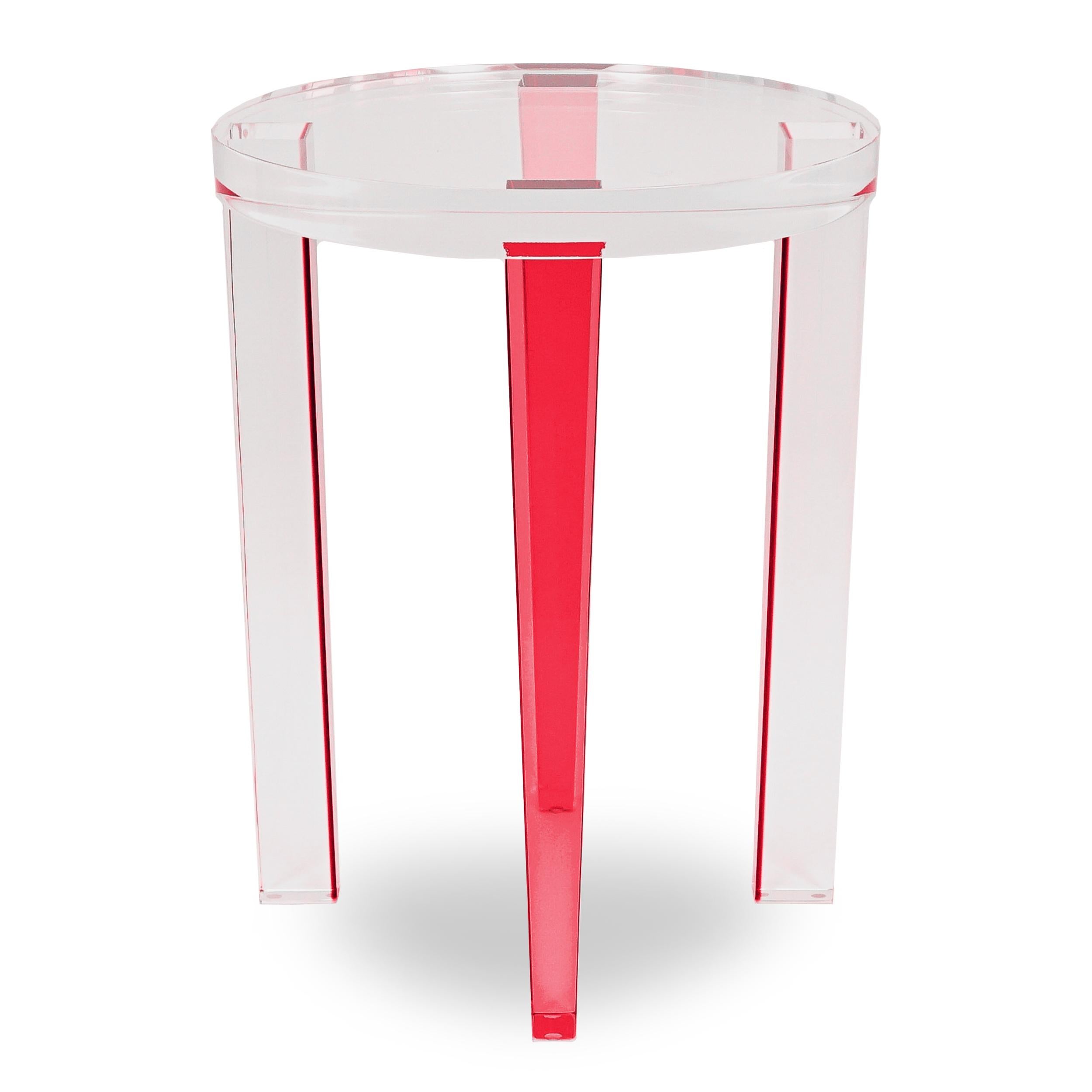 Contemporary Small Round Red Lucite Four-Leg Side Table For Sale