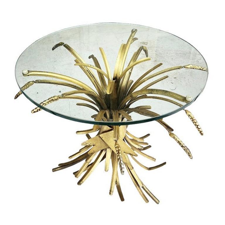 Metal Small Round Sheaf of Wheat Gold Glass Side Table - France For Sale