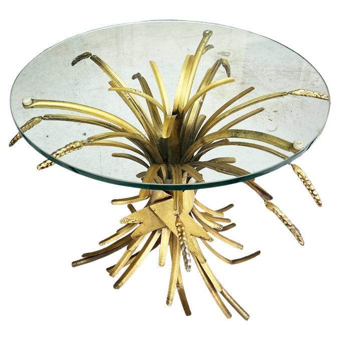 Small Round Sheaf of Wheat Gold Glass Side Table - France For Sale