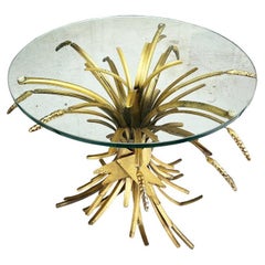 Used Small Round Sheaf of Wheat Gold Glass Side Table - France