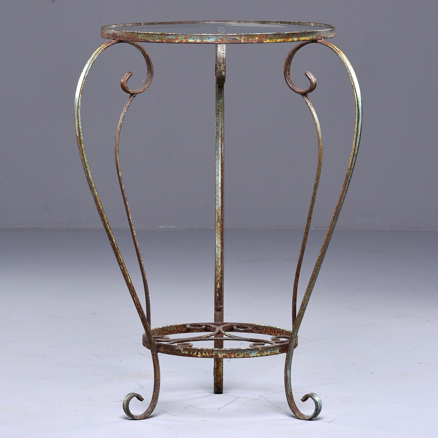 French Small Round Side Table with Iron Frame and Glass Top