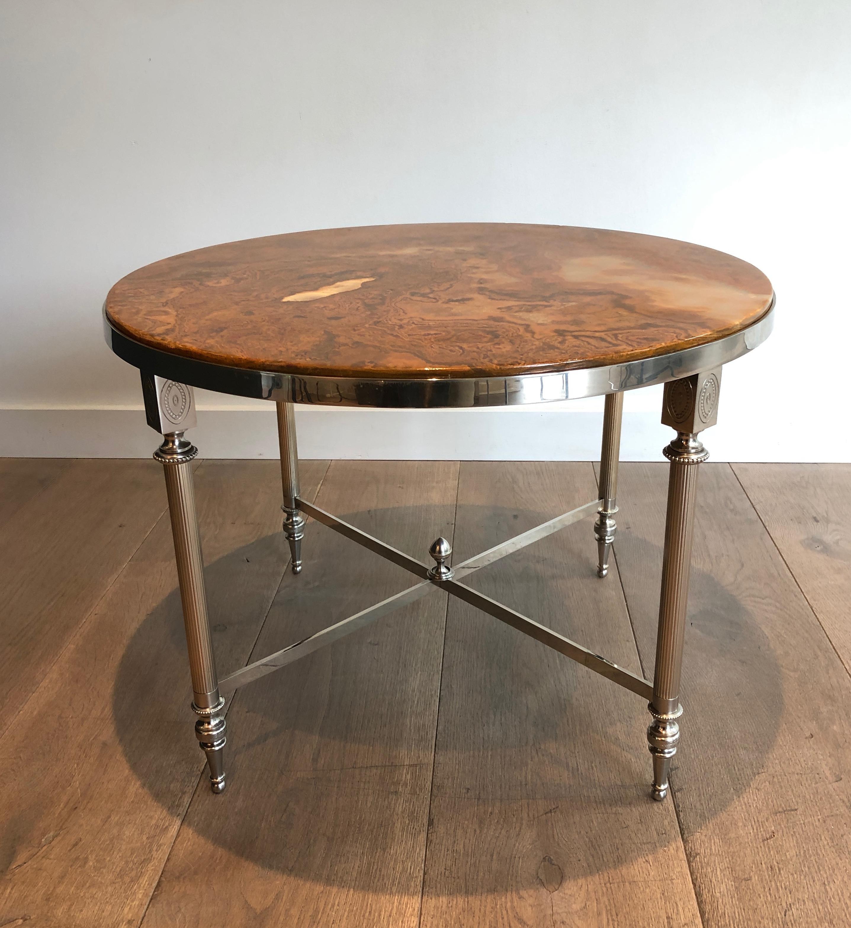Small Round Silver Plated Coffee Table with Onyx Top, French Work in the Style O 7