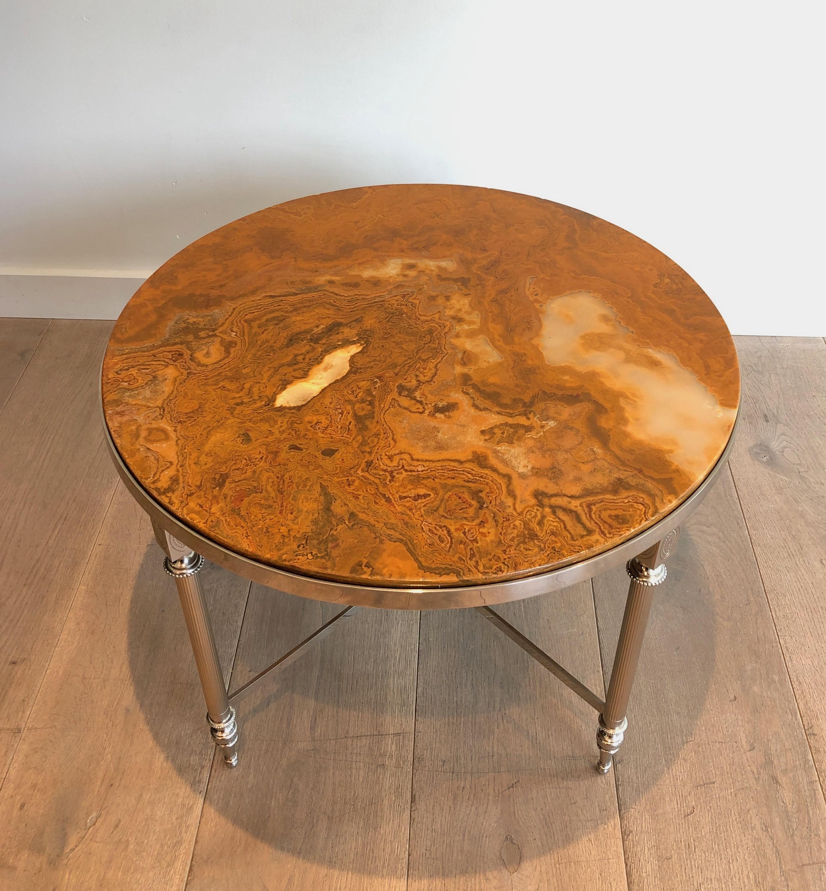 Small Round Silver Plated Coffee Table with Onyx Top, French Work in the Style O 8