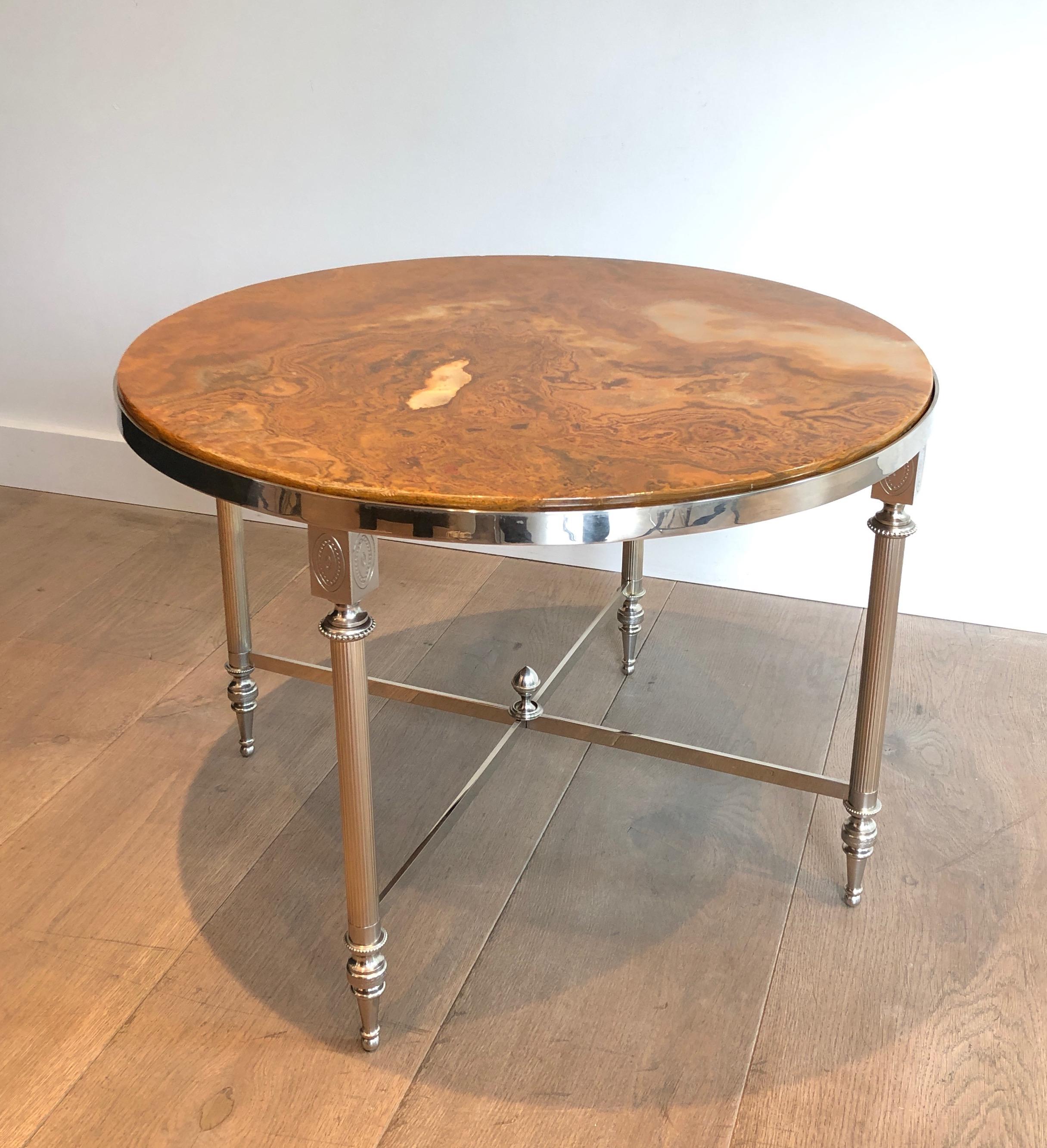 Small Round Silver Plated Coffee Table with Onyx Top, French Work in the Style O 14