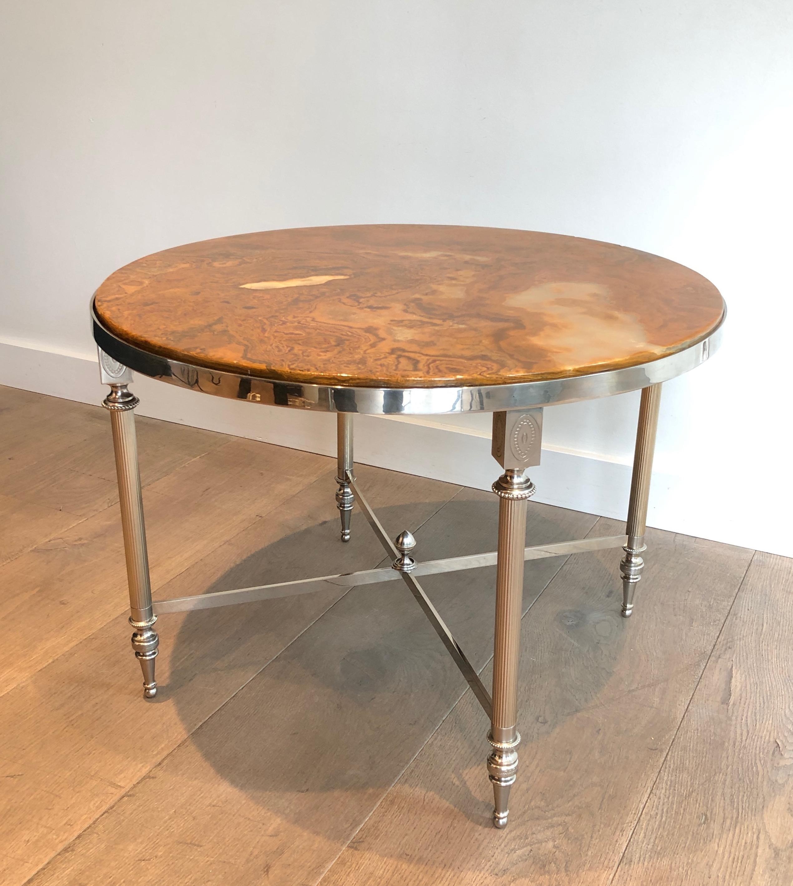 Small Round Silver Plated Coffee Table with Onyx Top, French Work in the Style O In Good Condition In Marcq-en-Barœul, Hauts-de-France