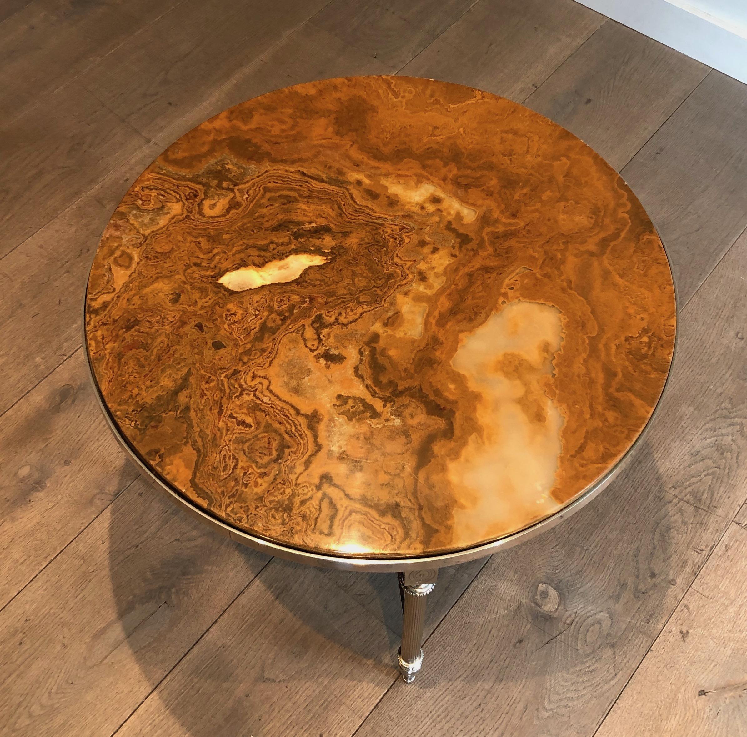Mid-20th Century Small Round Silver Plated Coffee Table with Onyx Top, French Work in the Style O