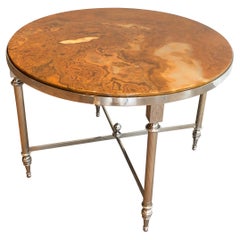Small Round Silver Plated Coffee Table with Onyx Top, French Work in the Style O