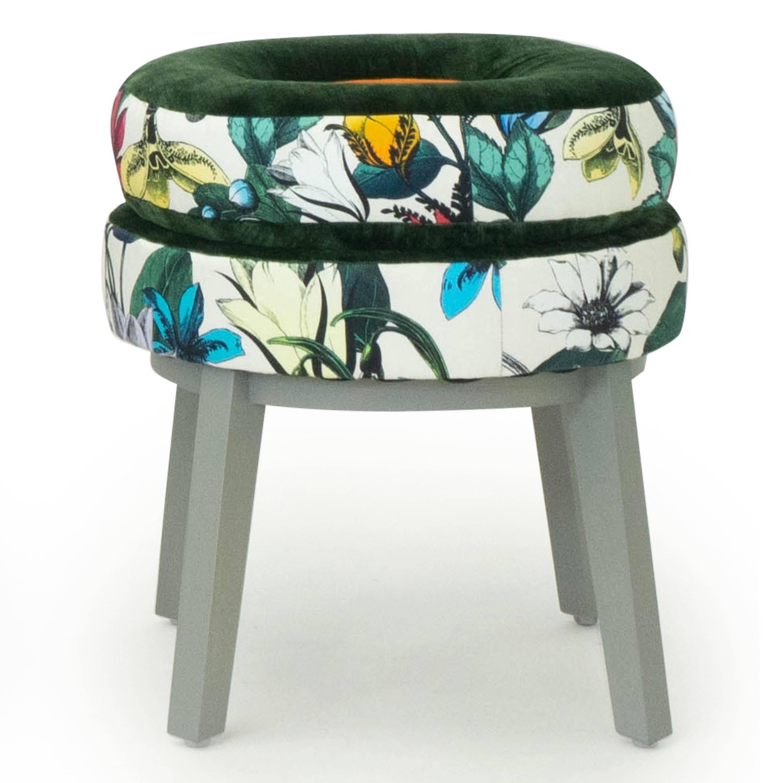 These small round stools are upholstered in a dark green velvet atop a butterfly printed fabric. Made with poplar wood painted with a gray Swedish finish. Sturdy base with a comfortable foam cushion seat, they are great for all ages. Check for