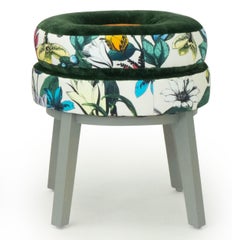 Small Round Stool with Green Velvet and Butterfly Floral Patterned Fabric