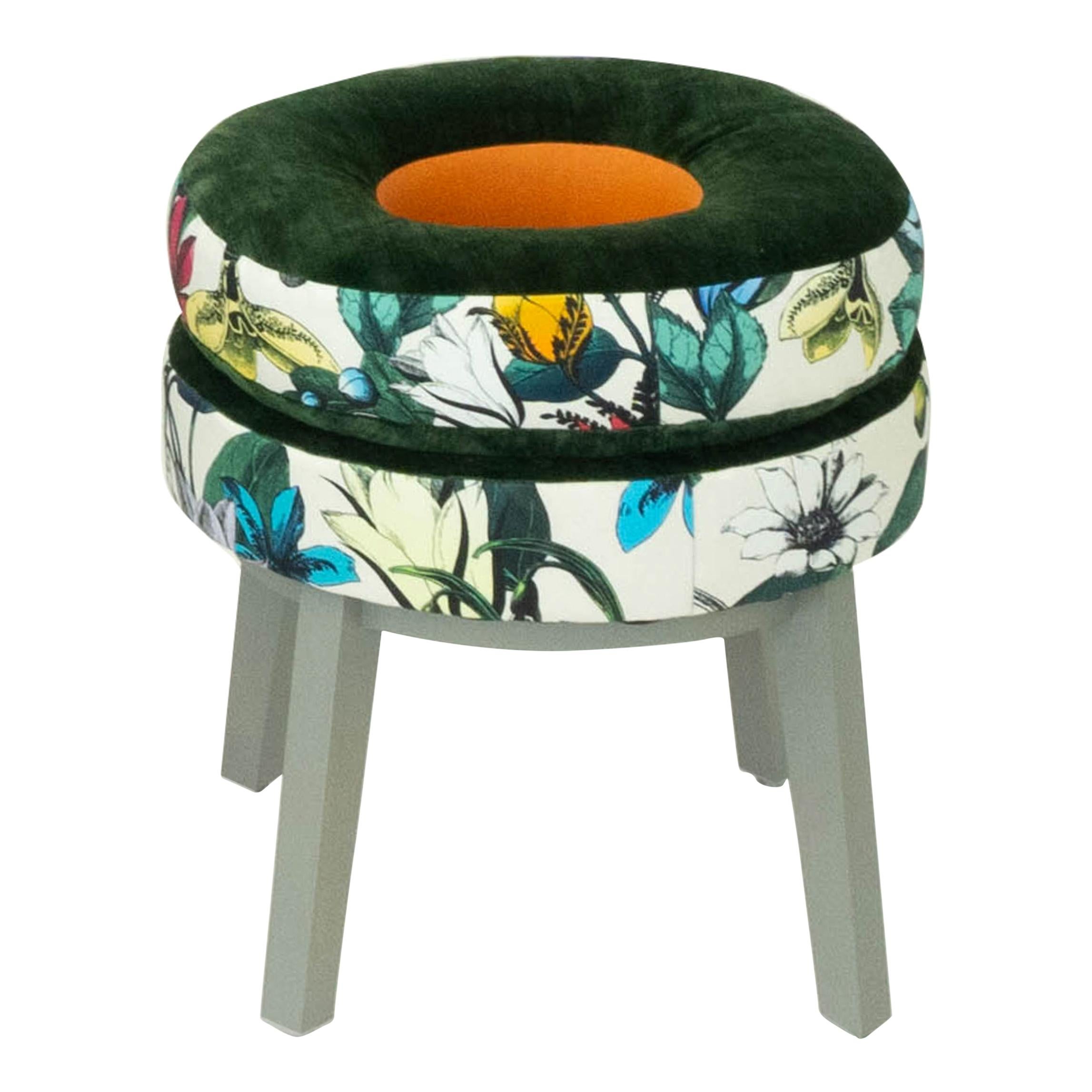 Small Round Stool with Green Velvet and Butterfly Floral Patterned Fabric