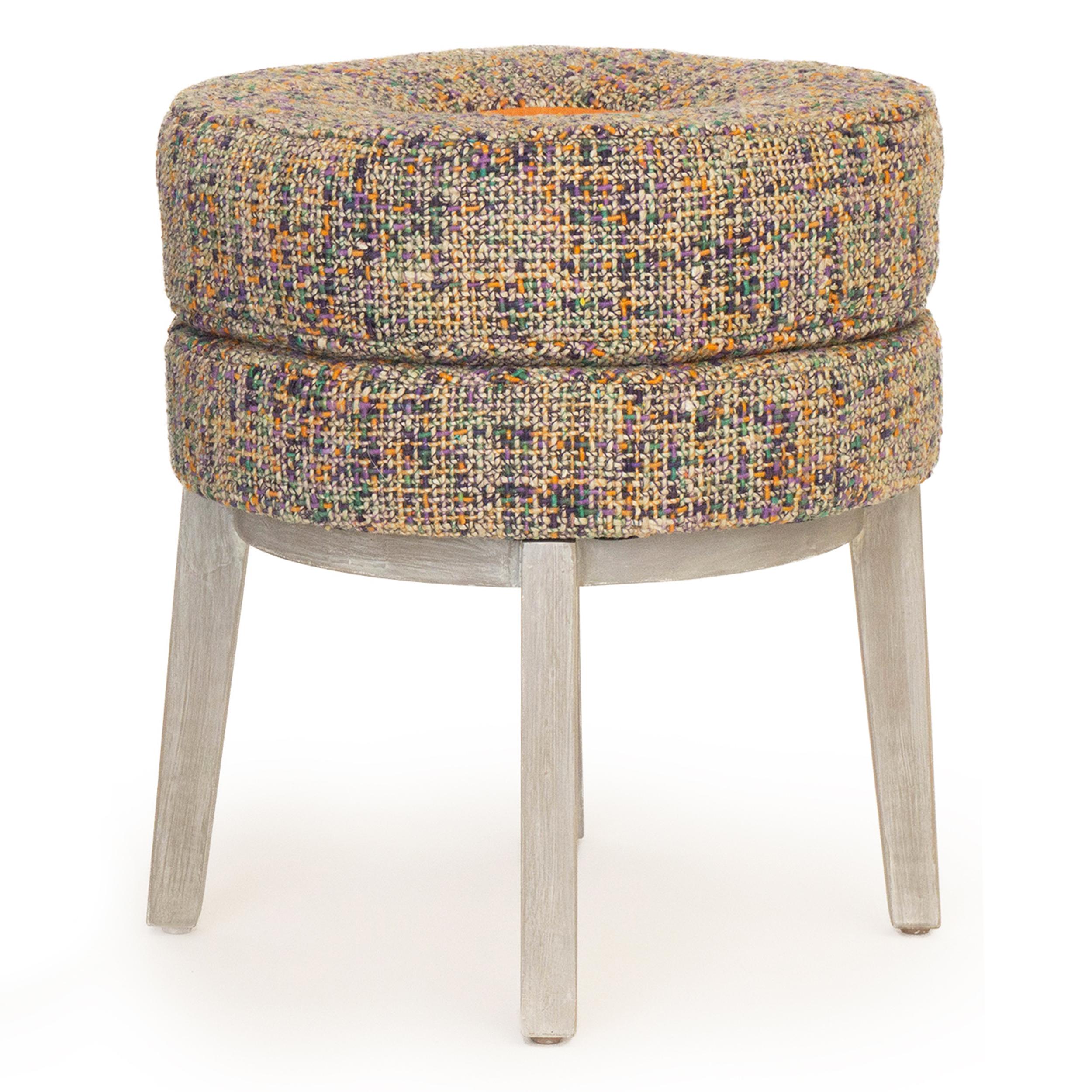 This small round stool is upholstered in a colorful tweed fabric with an orange vinyl interior accent. Made with poplar wood painted with a Swedish finish. Sturdy base with a comfortable foam cushion seat, it is great for all ages. Check for current