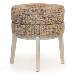 Small Round Stool with Tweed Upholstery & Orange Vinyl Accent