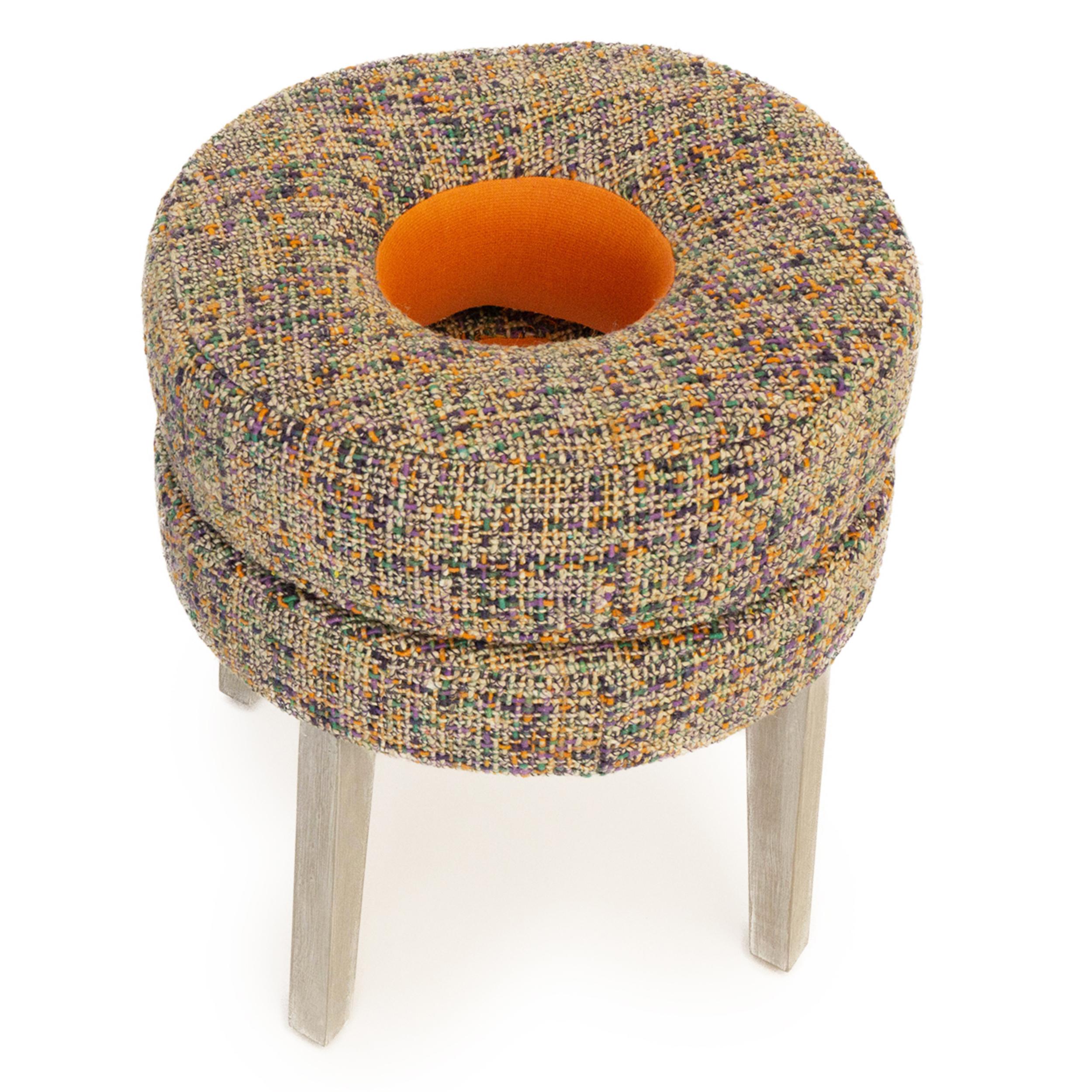 Post-Modern Small Round Stool with Tweed Upholstery & Orange Vinyl Accent For Sale