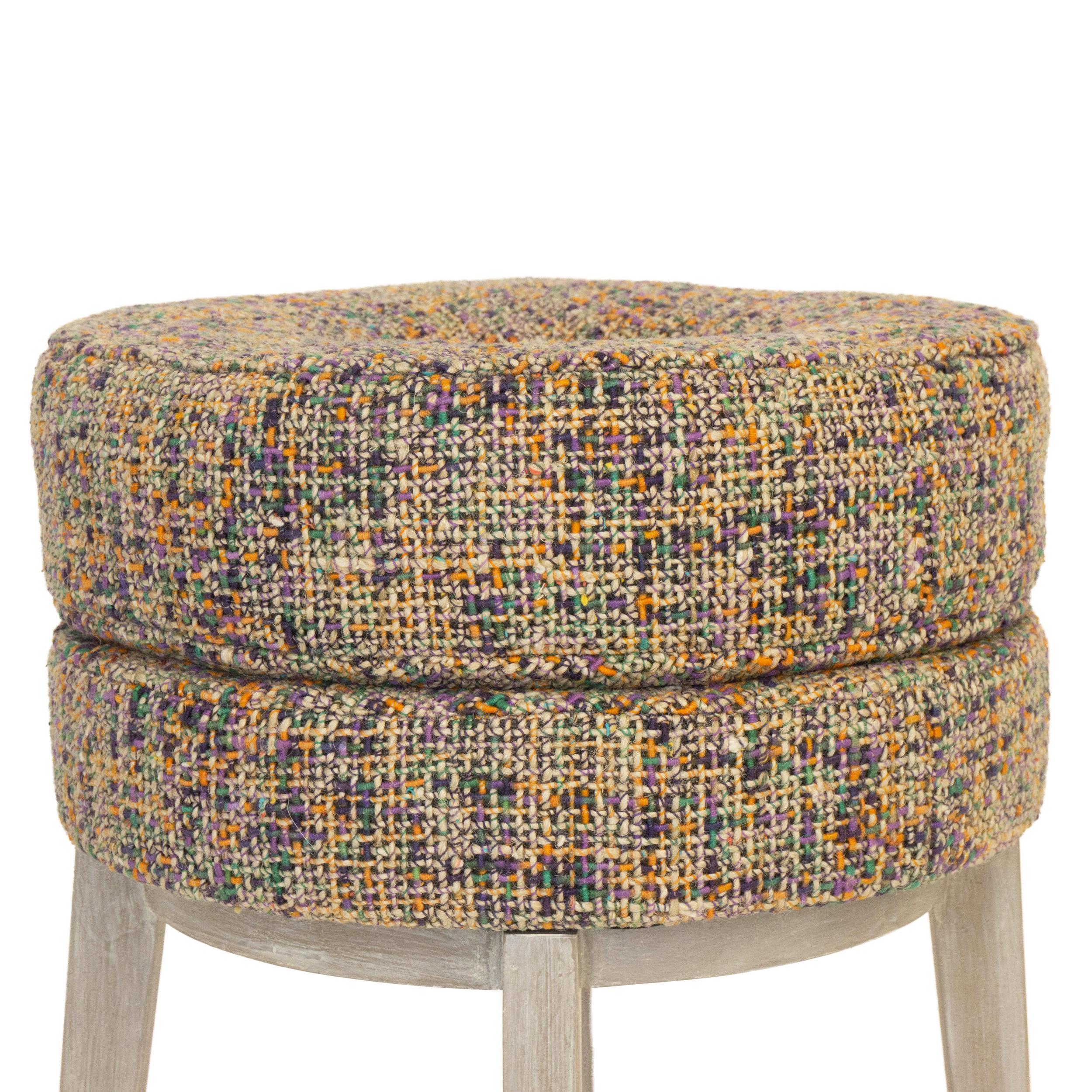 American Small Round Stool with Tweed Upholstery & Orange Vinyl Accent For Sale