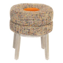 Small Round Stool with Tweed Upholstery & Orange Vinyl Accent