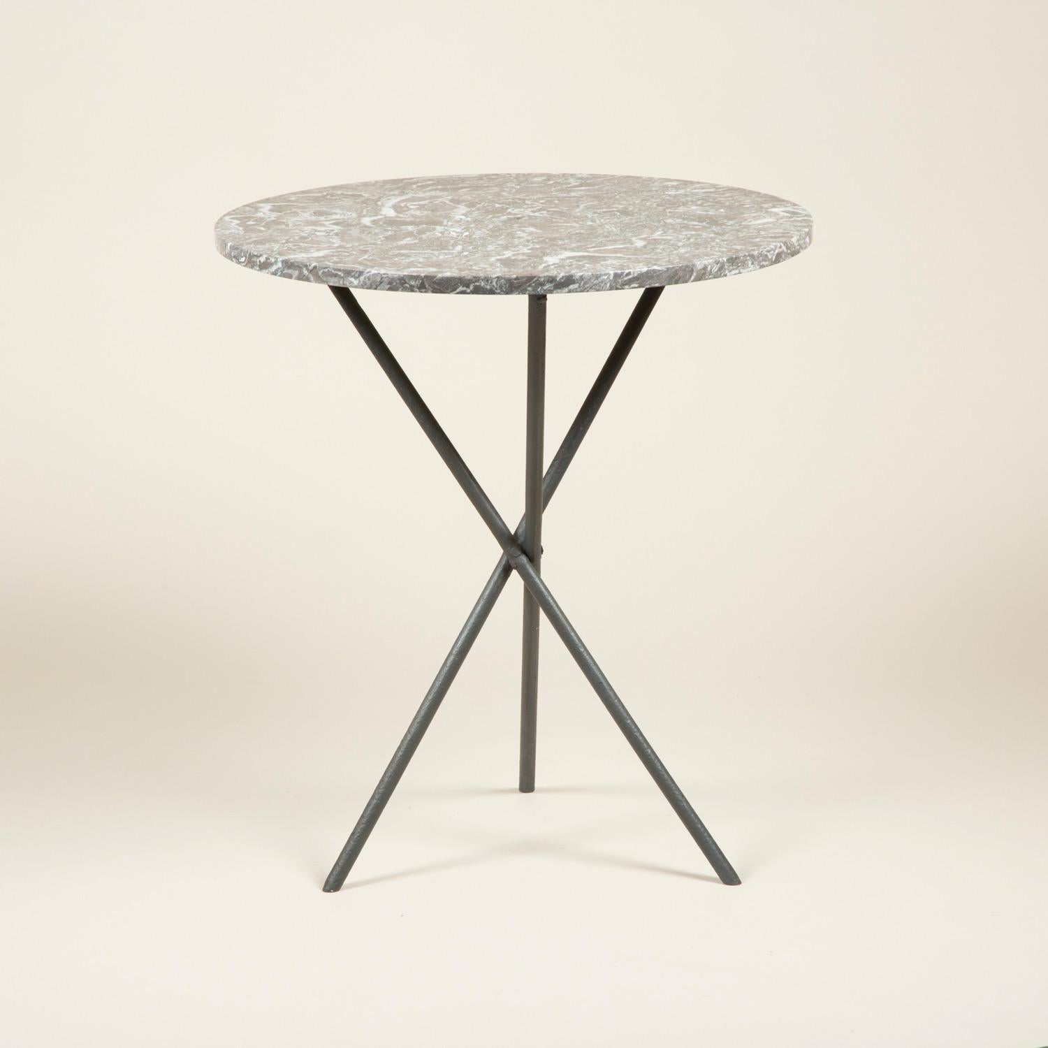 Small Round Table with a Cast Iron Tripod Base and a Figured Grey Marble Top For Sale 1
