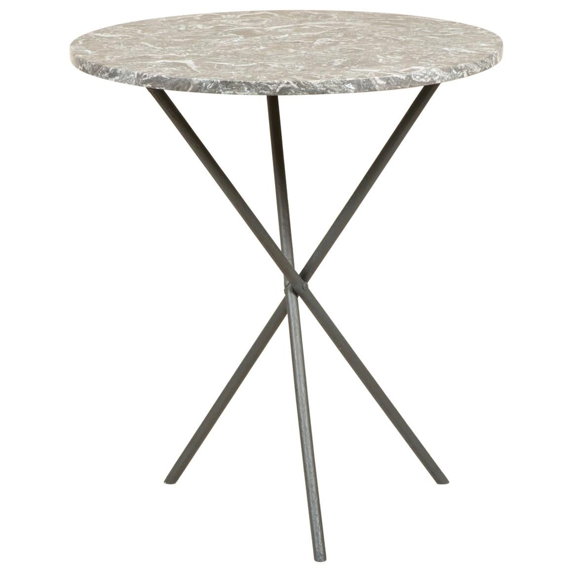 Small Round Table with a Cast Iron Tripod Base and a Figured Grey Marble Top For Sale
