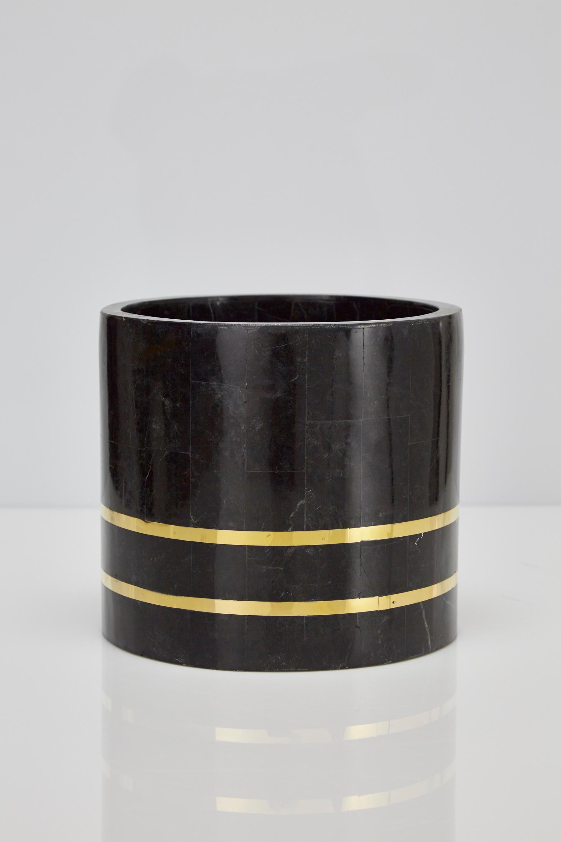 Small Round Tessellated Black Stone Planter with Brass Detailing, 1980s 3