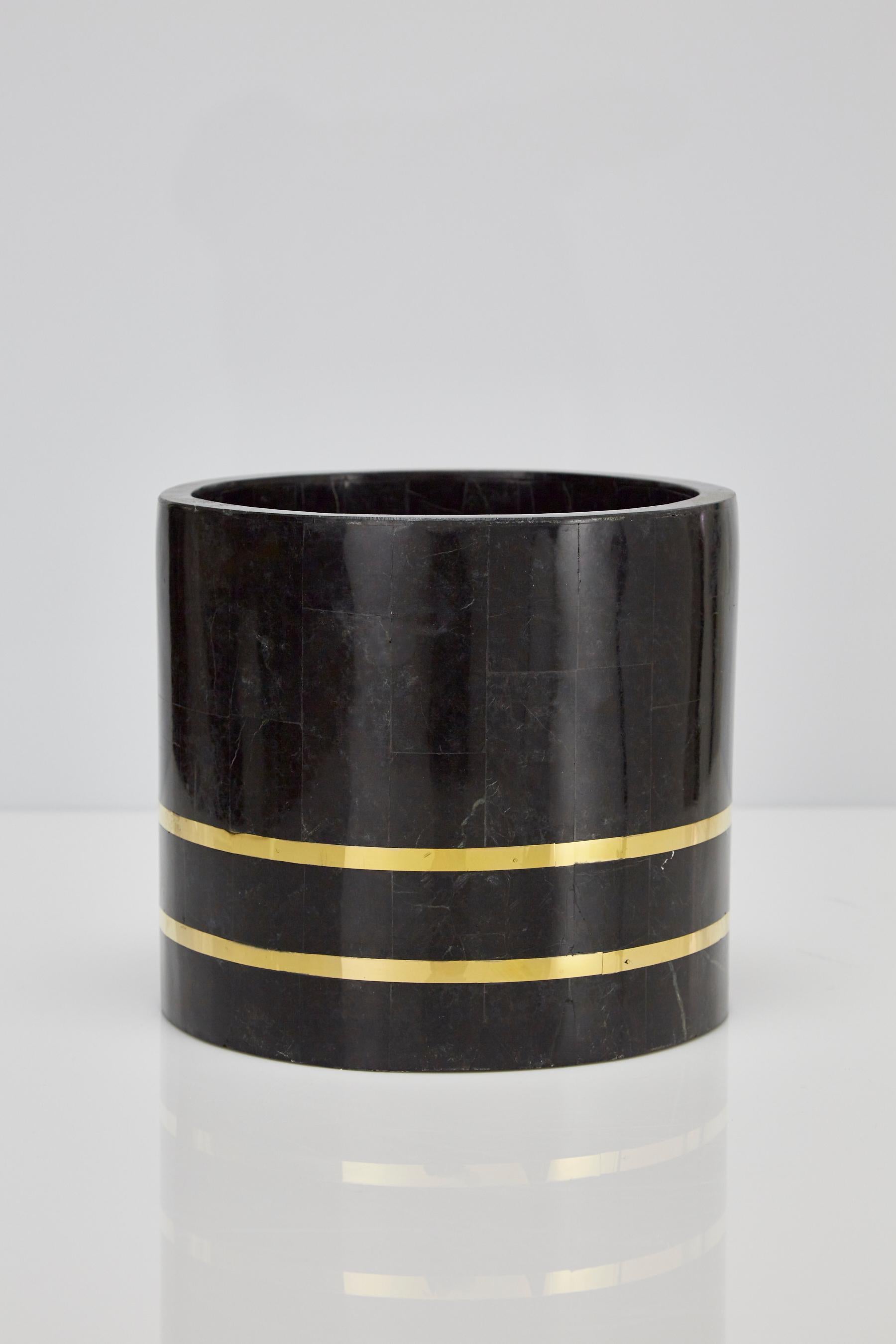 Small Round Tessellated Black Stone Planter with Brass Detailing, 1980s 4