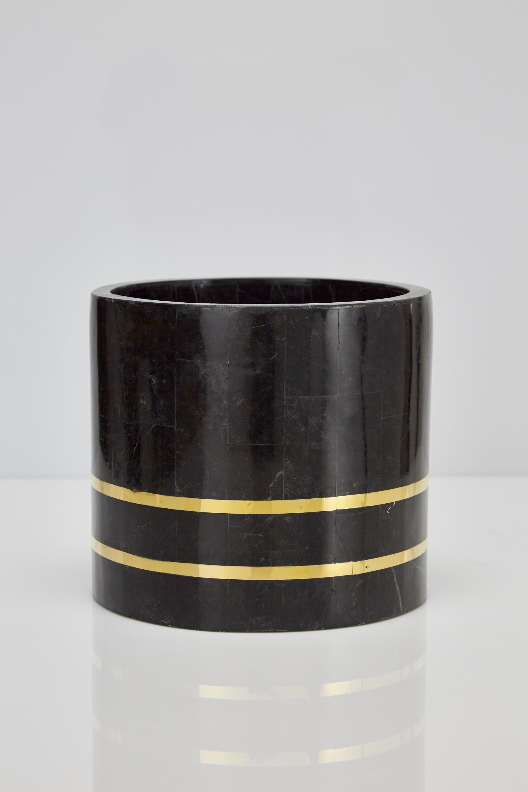 Small Round Tessellated Black Stone Planter with Brass Detailing, 1980s 5