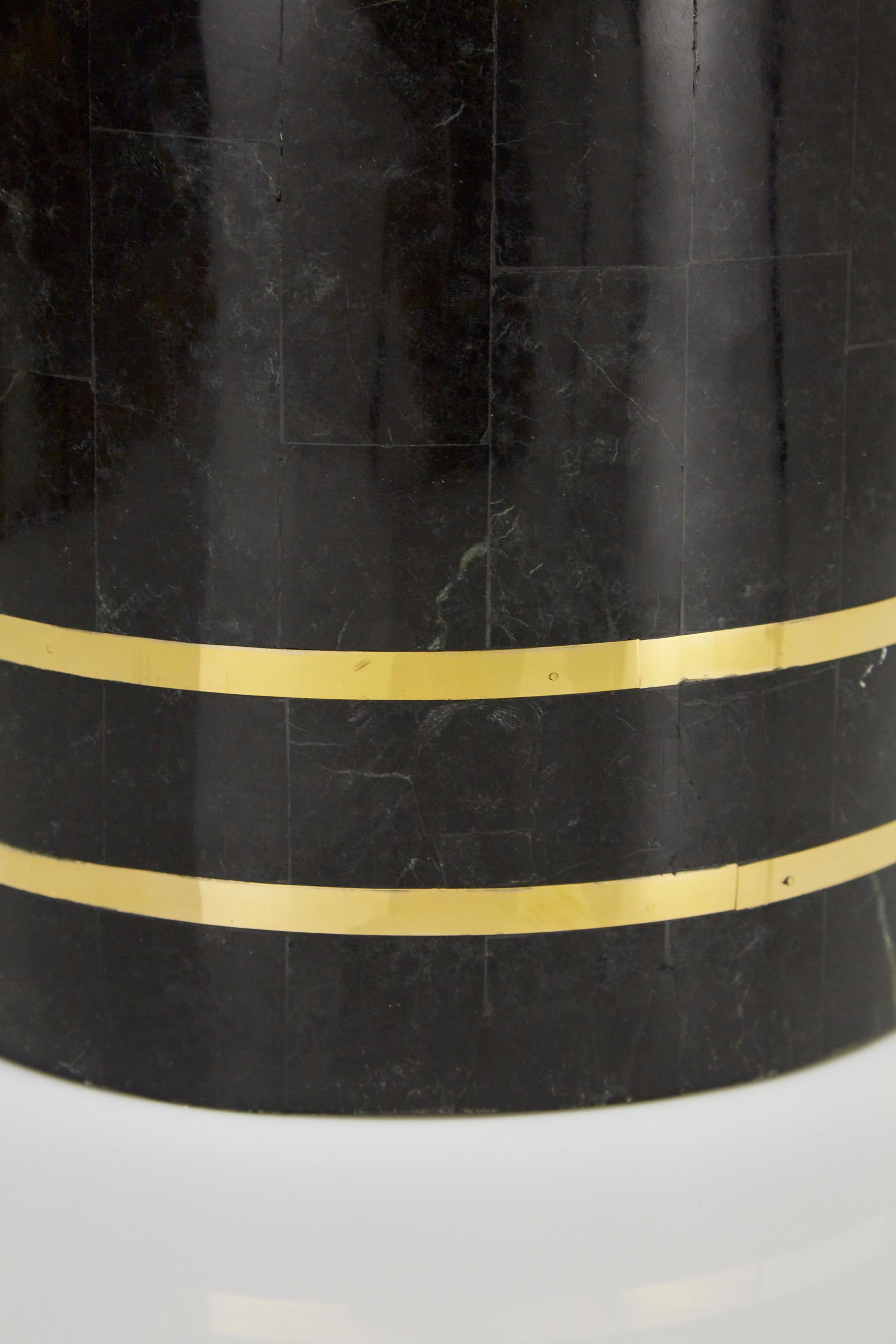 Philippine Small Round Tessellated Black Stone Planter with Brass Detailing, 1980s