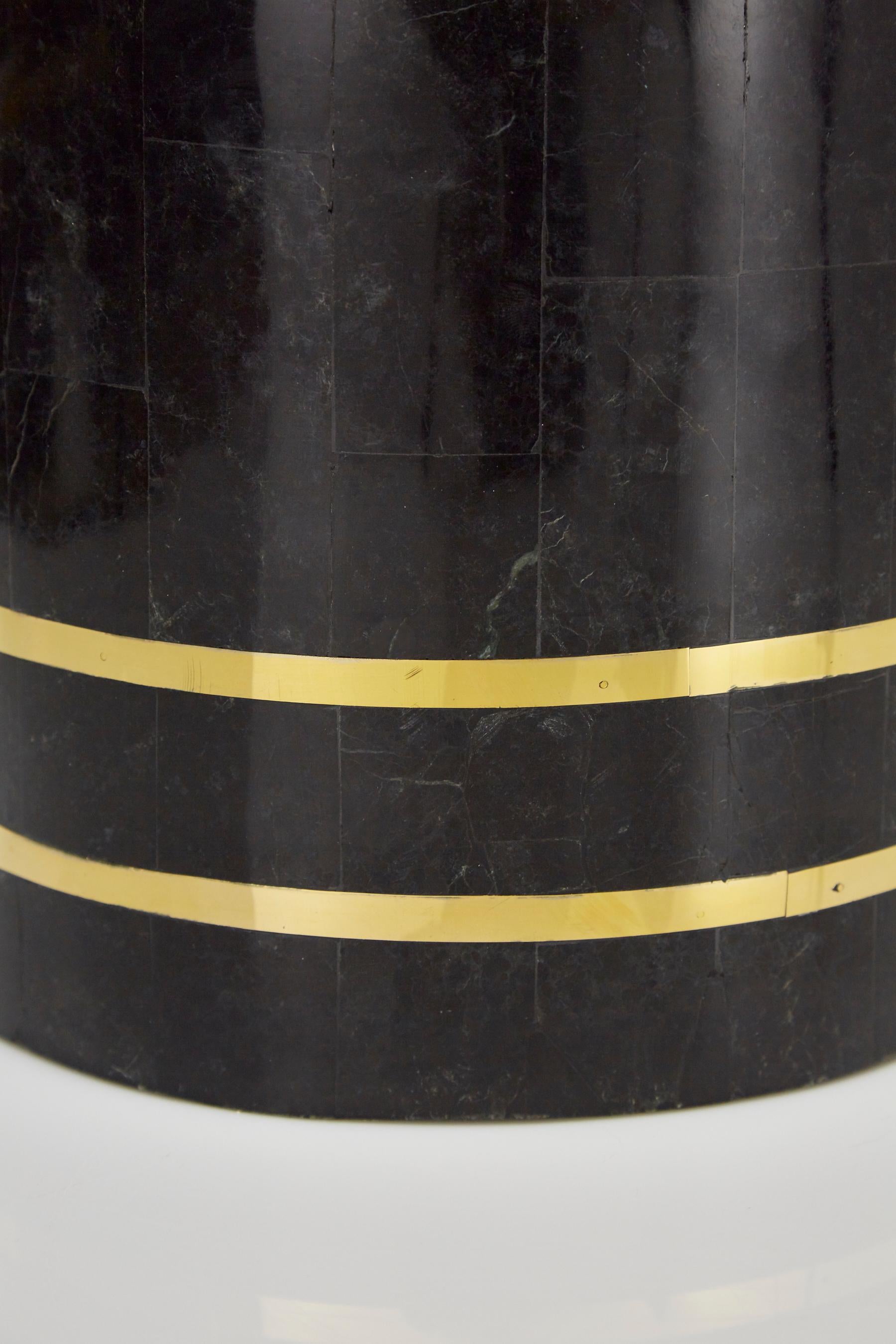 Inlay Small Round Tessellated Black Stone Planter with Brass Detailing, 1980s