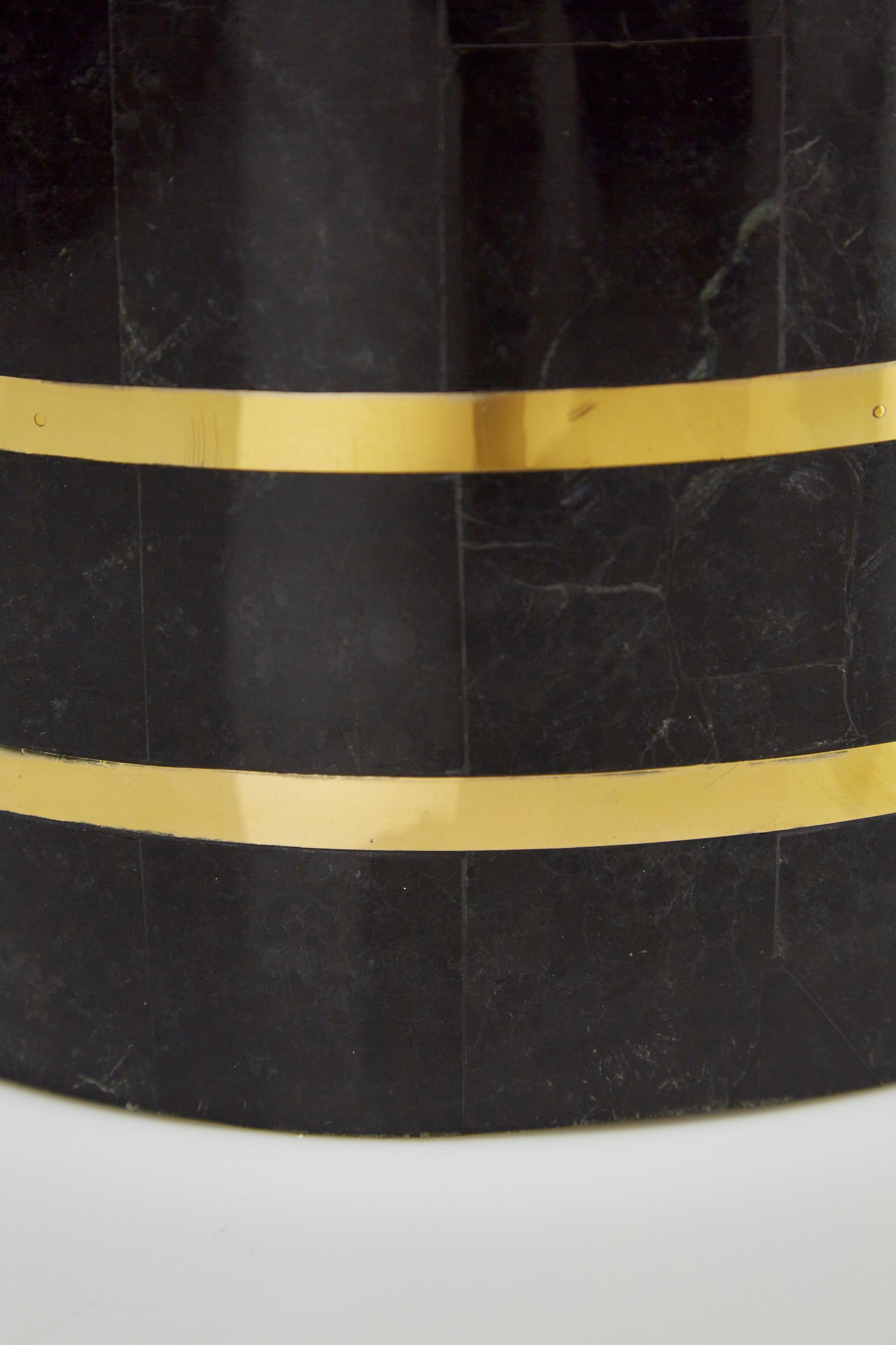 Late 20th Century Small Round Tessellated Black Stone Planter with Brass Detailing, 1980s
