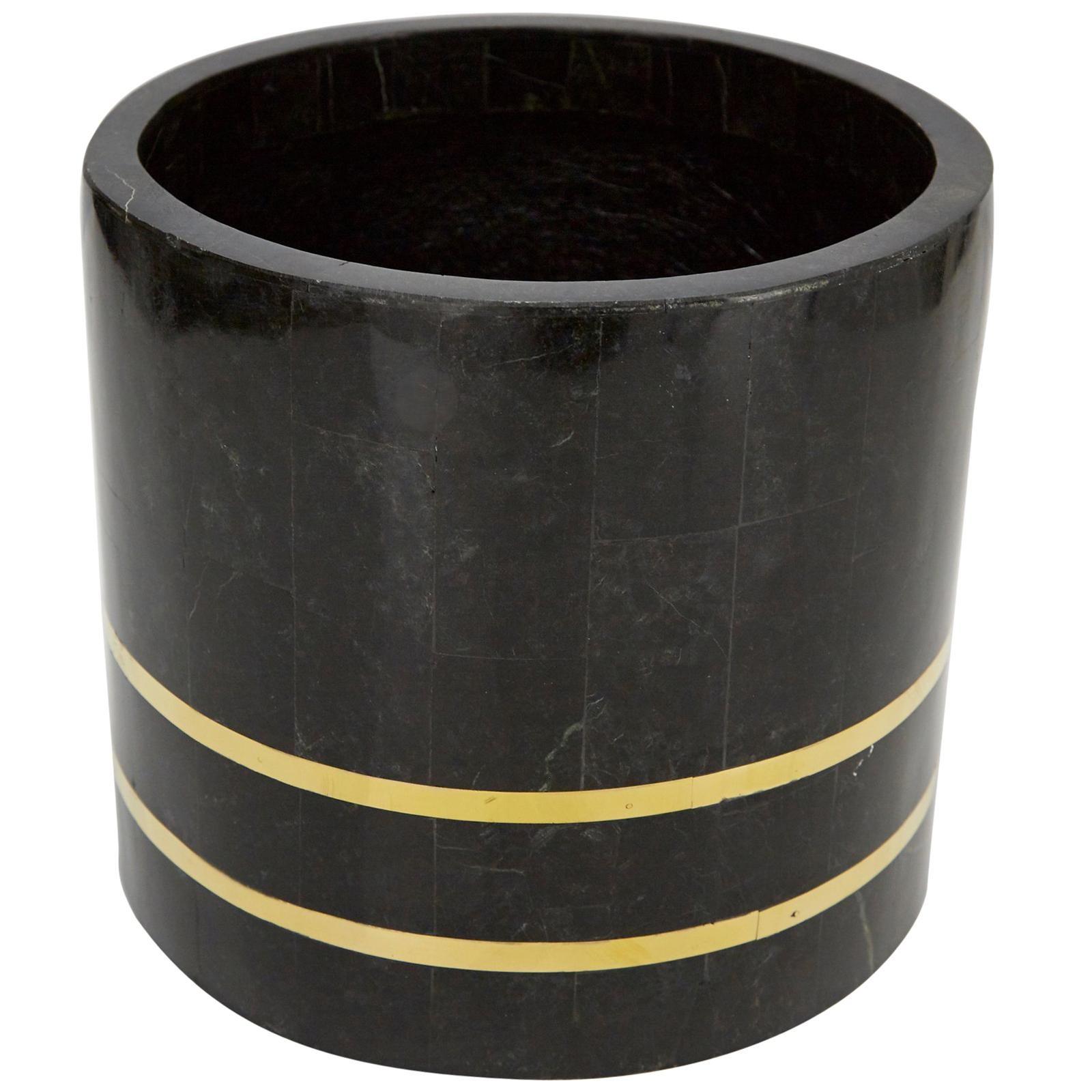 Small Round Tessellated Black Stone Planter with Brass Detailing, 1980s