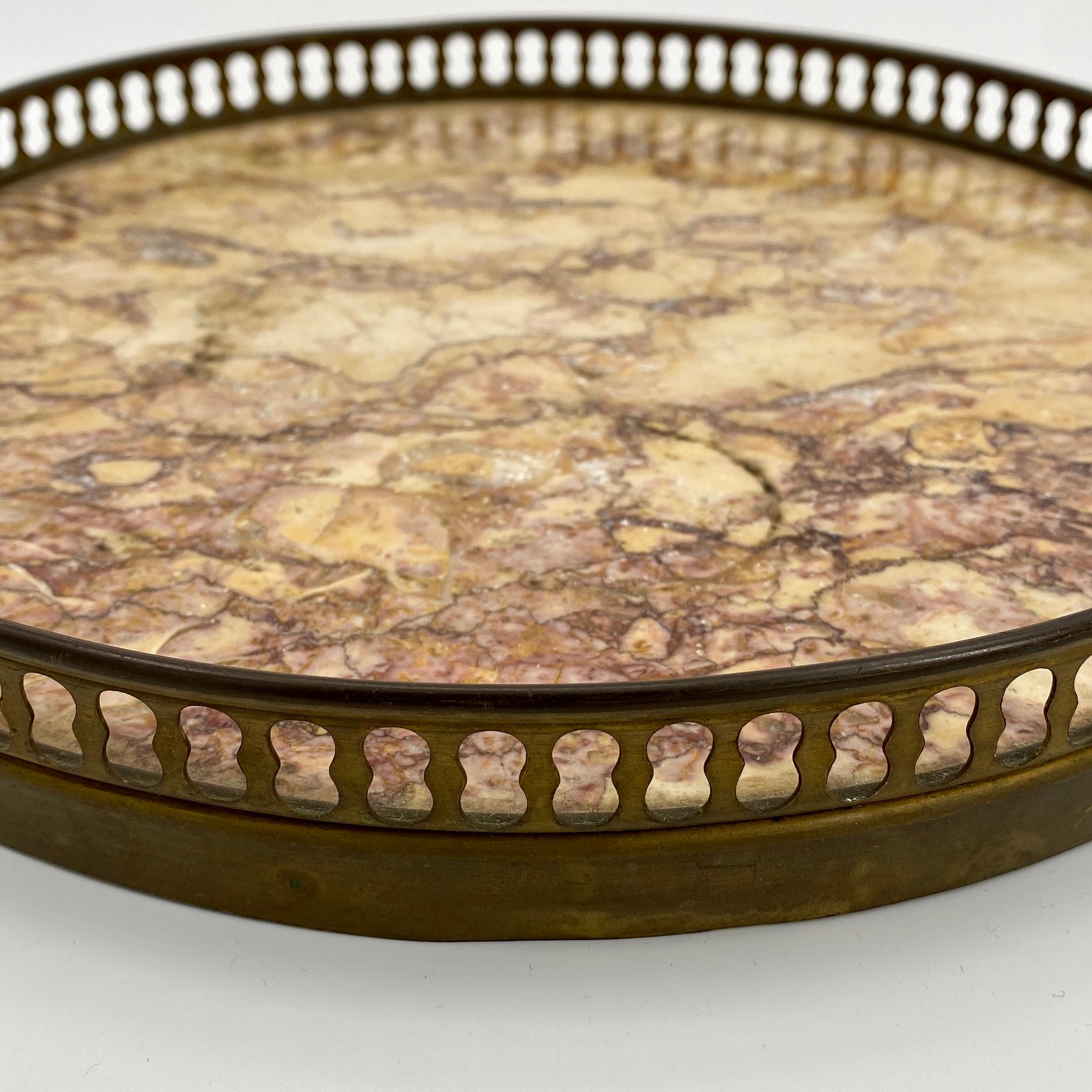 Italian Small Round Tray with Red Carrara Marble Top and Brass Edging For Sale