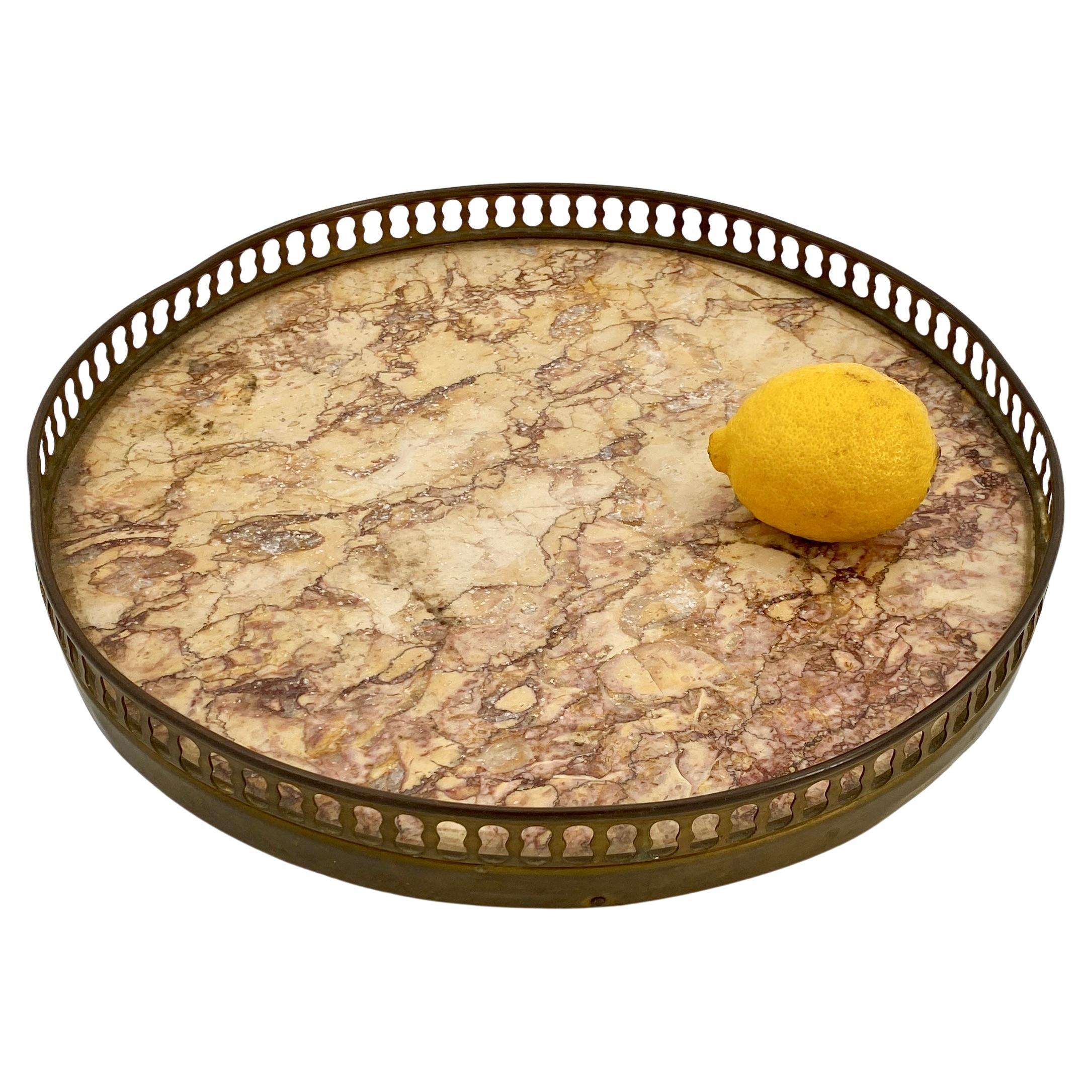 Small Round Tray with Red Carrara Marble Top and Brass Edging For Sale